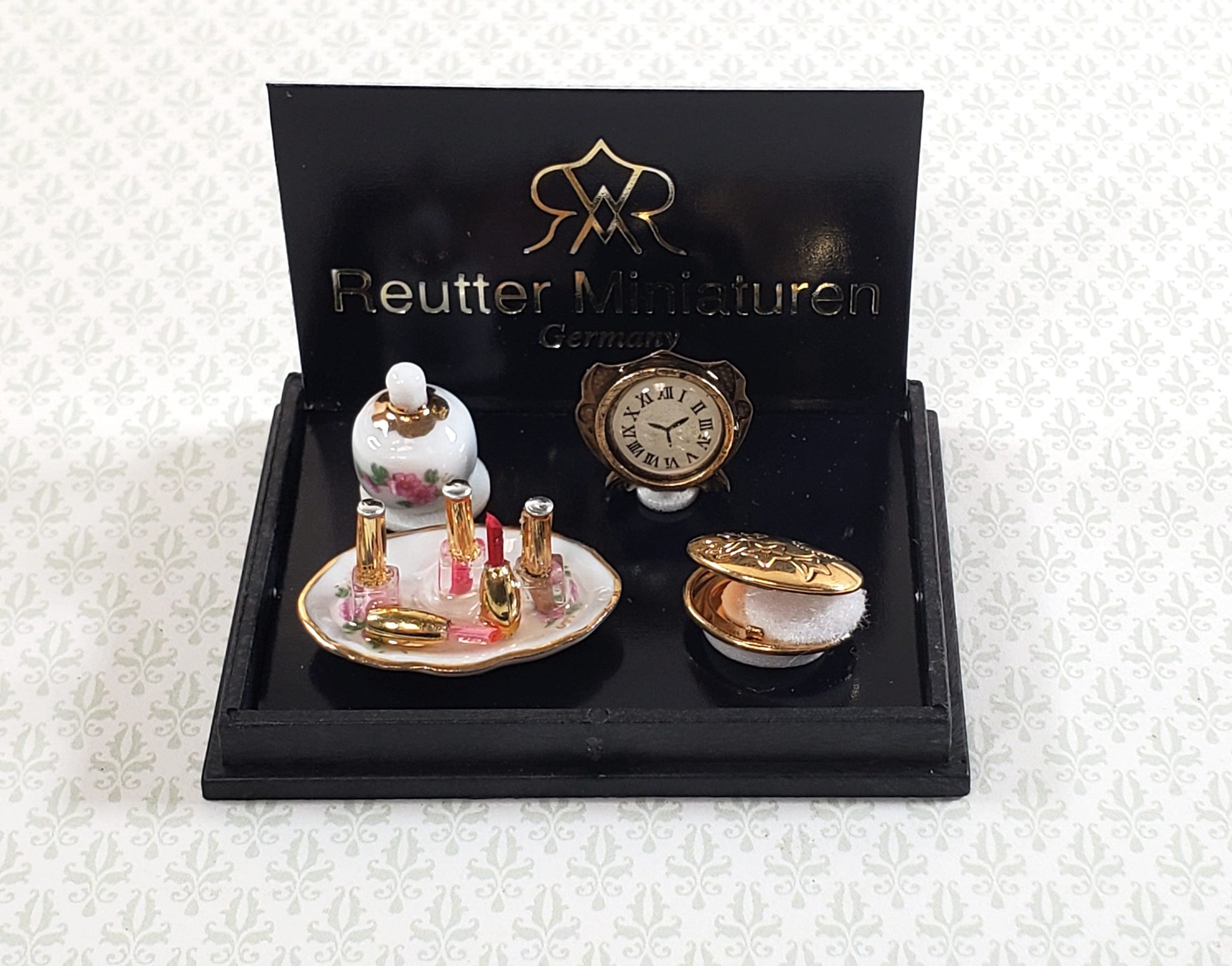 Dollhouse Vanity Set Make Up Nail Polish Clock Reutter Porcelain 1:12 Scale Miniatures