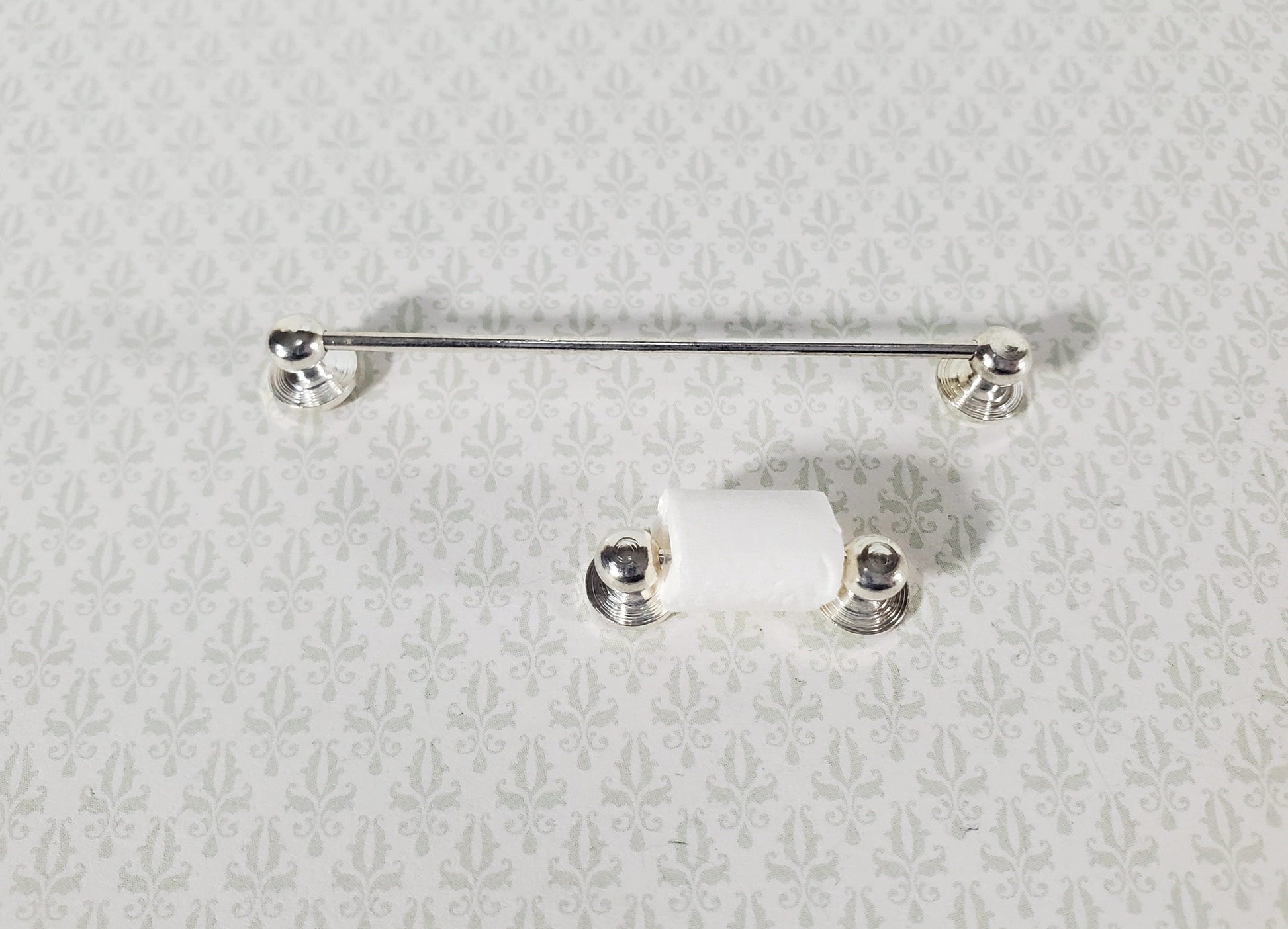 Dollhouse Miniature Towel Rod & Toilet Paper Holder Bathroom 1:12 Scale Silver