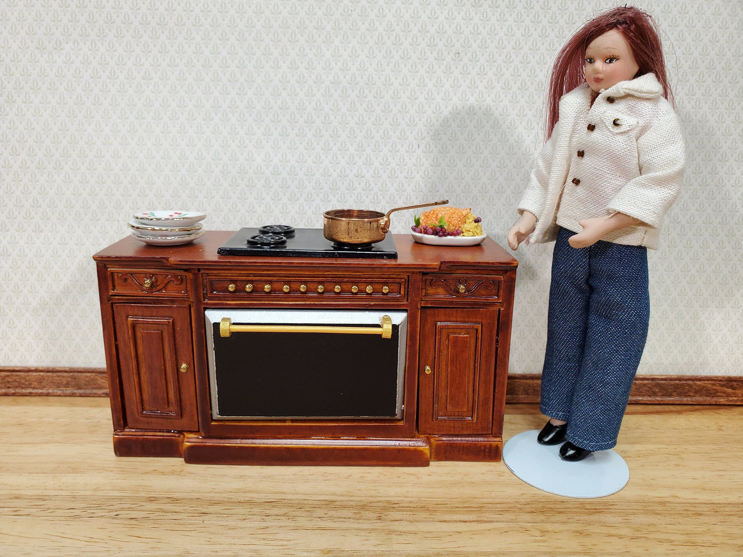 Dollhouse Stove Oven Cabinet Walnut Finish 1:12 Scale Miniature Kitchen Cupboard
