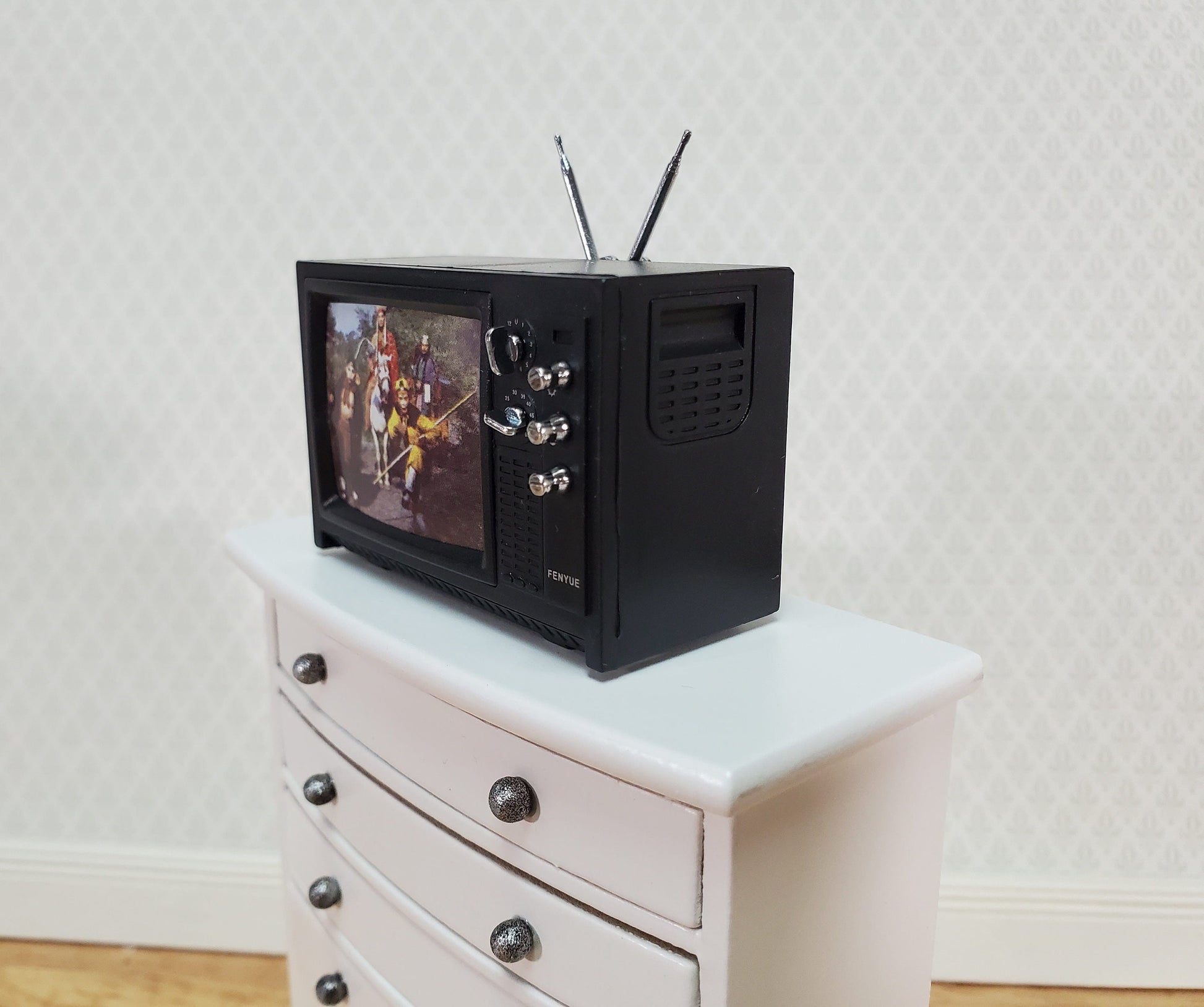 Dollhouse Television TV Set Retro 1970s Style Black Miniature Accessory