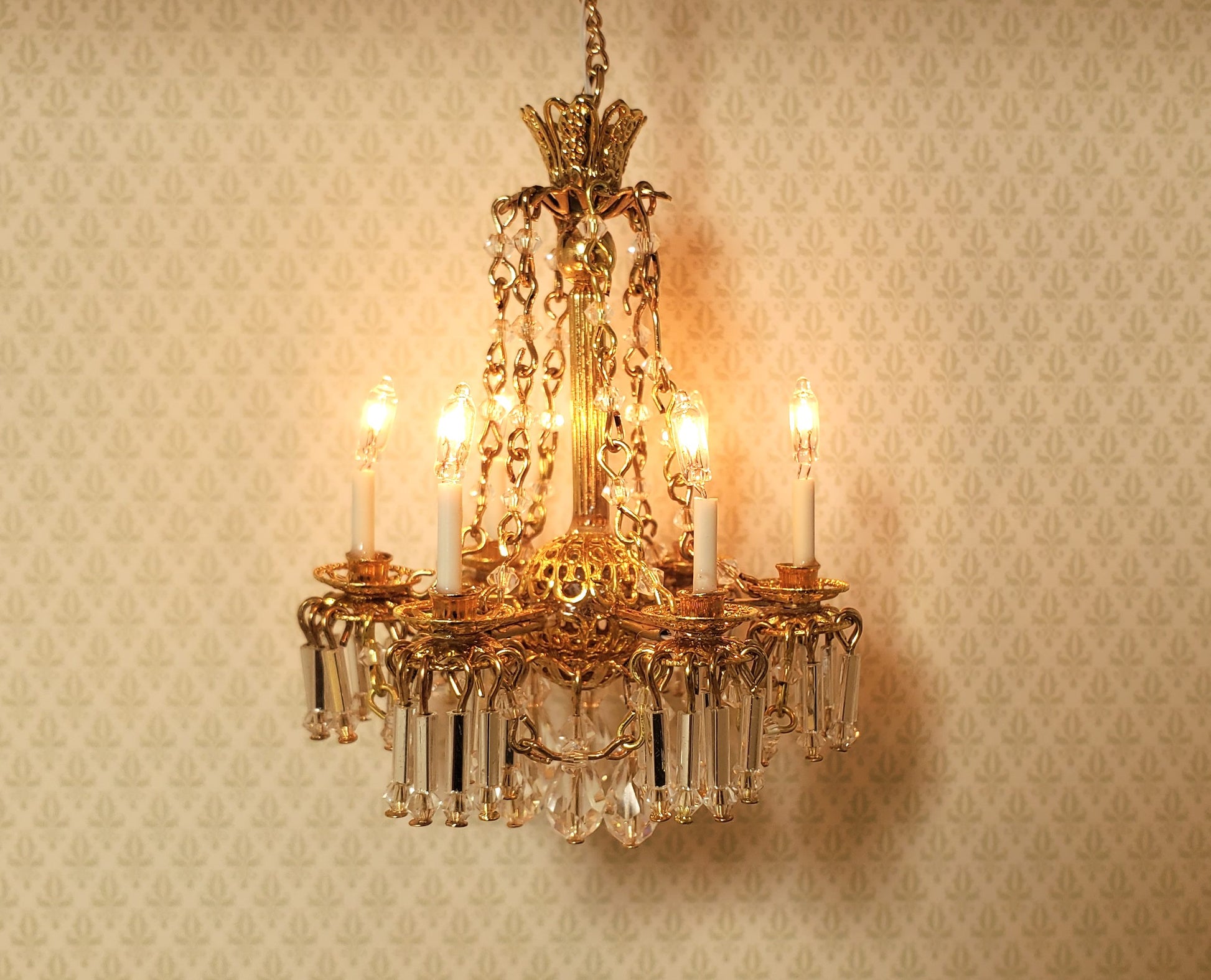Dollhouse Crystal Chandelier with Drapes 6 Arm Real Glass 12 Volt 1:12 Scale