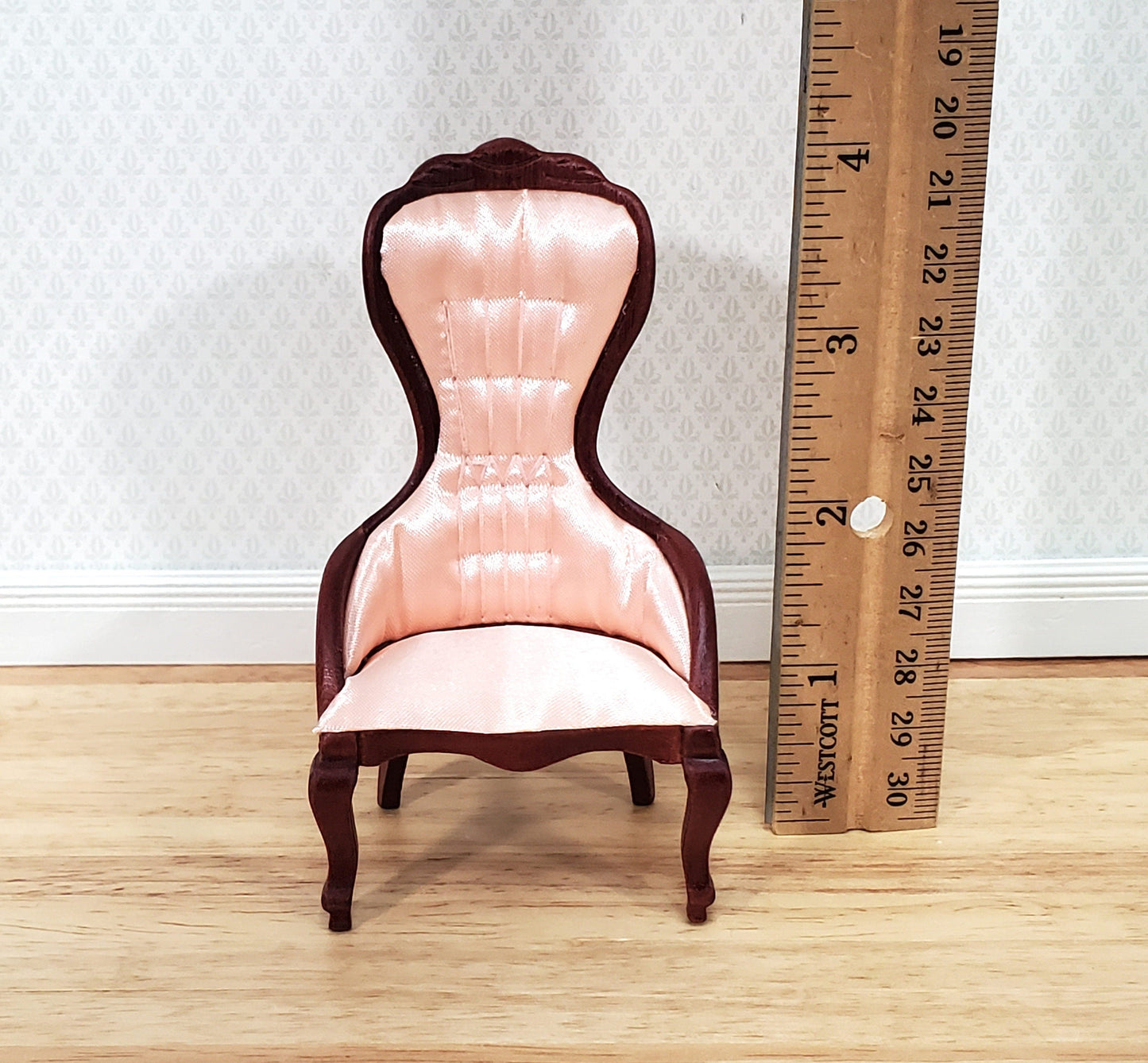 Dollhouse Ladies Chair Victorian Pink & Mahogany Finish 1:12 Scale Miniature Furniture