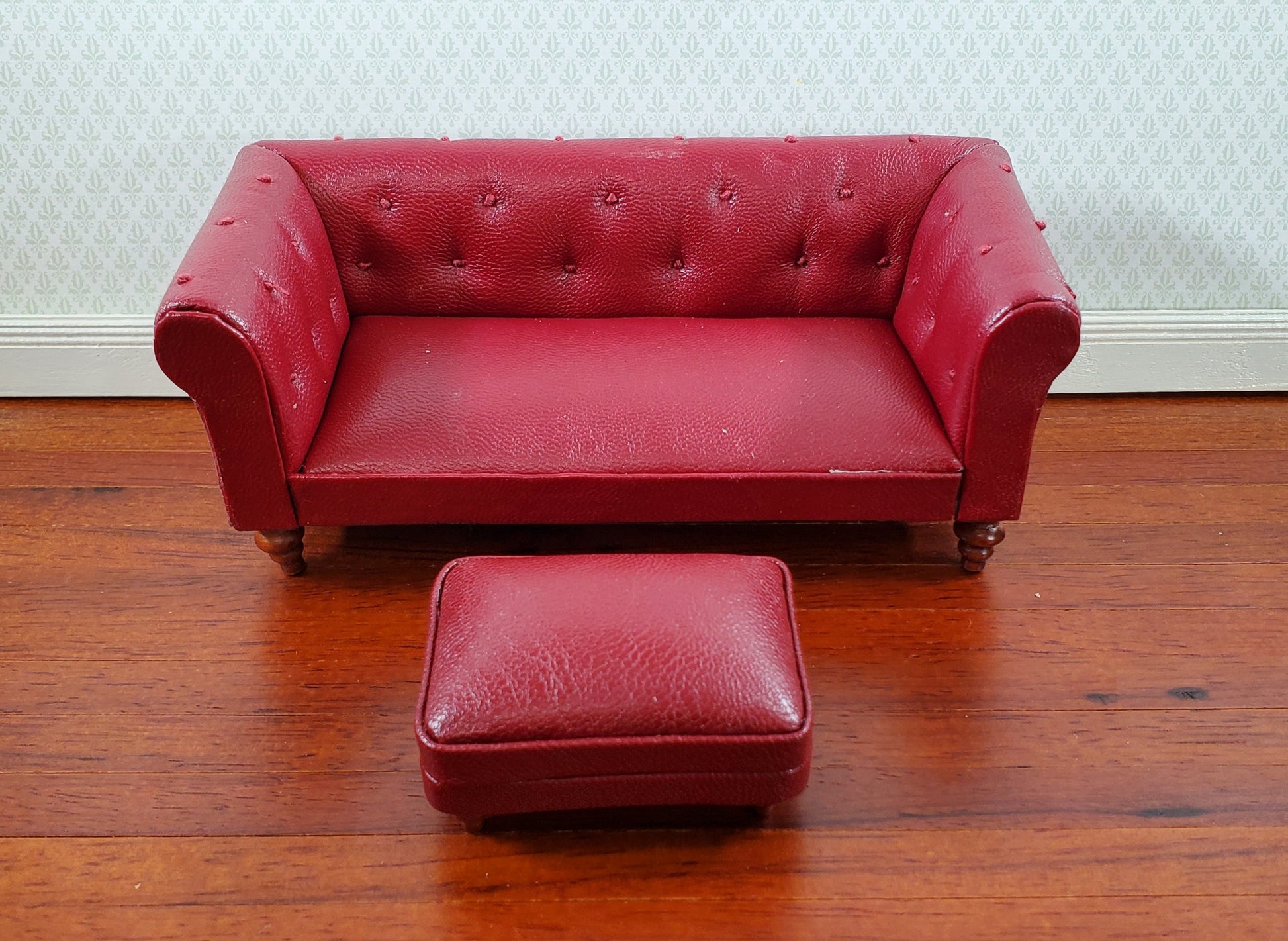 Dollhouse Miniature Footstool Ottoman Burgundy 1:12 Scale Miniature Furniture