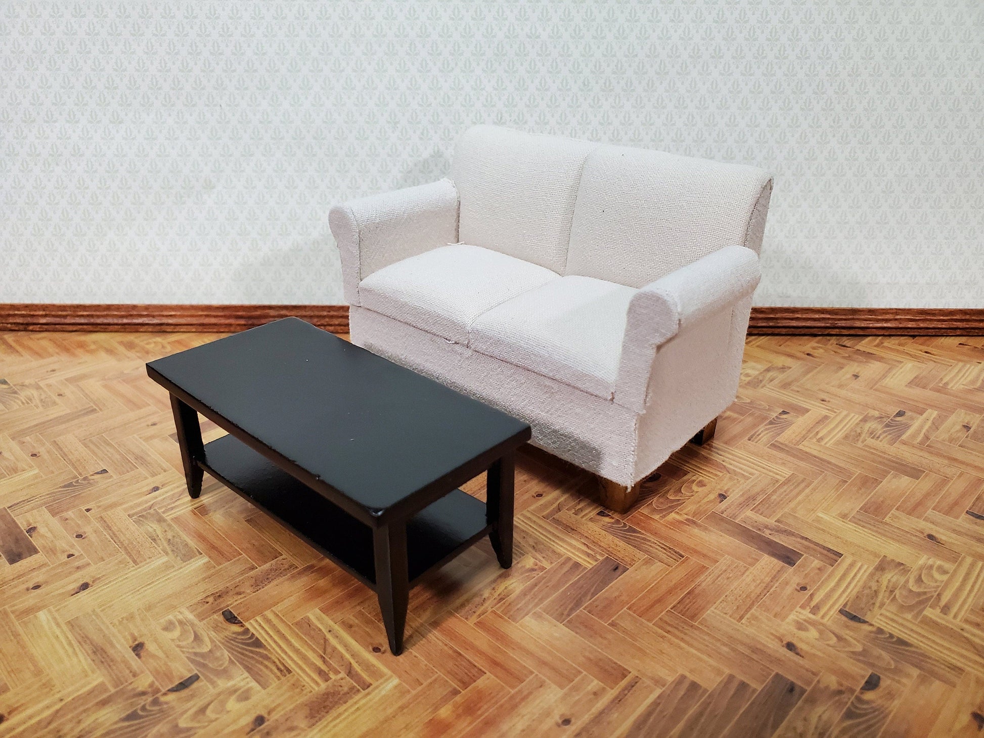 Dollhouse Modern Coffee Table with Shelf All Black Wood 1:12 Scale Miniature Furniture
