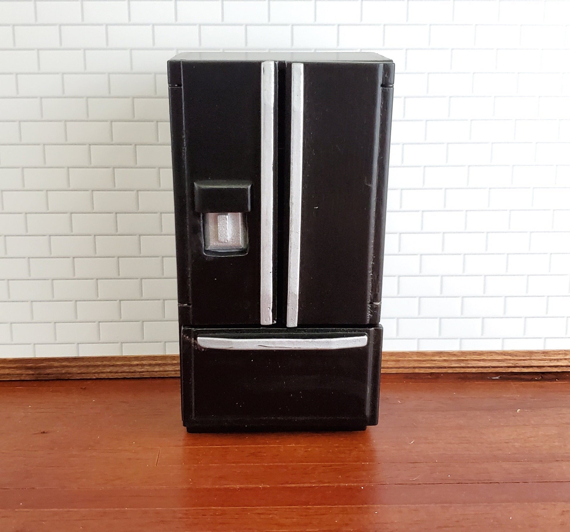 Dollhouse Miniature Fridge Modern Refrigerator Black 1:12 Scale Wood Furniture