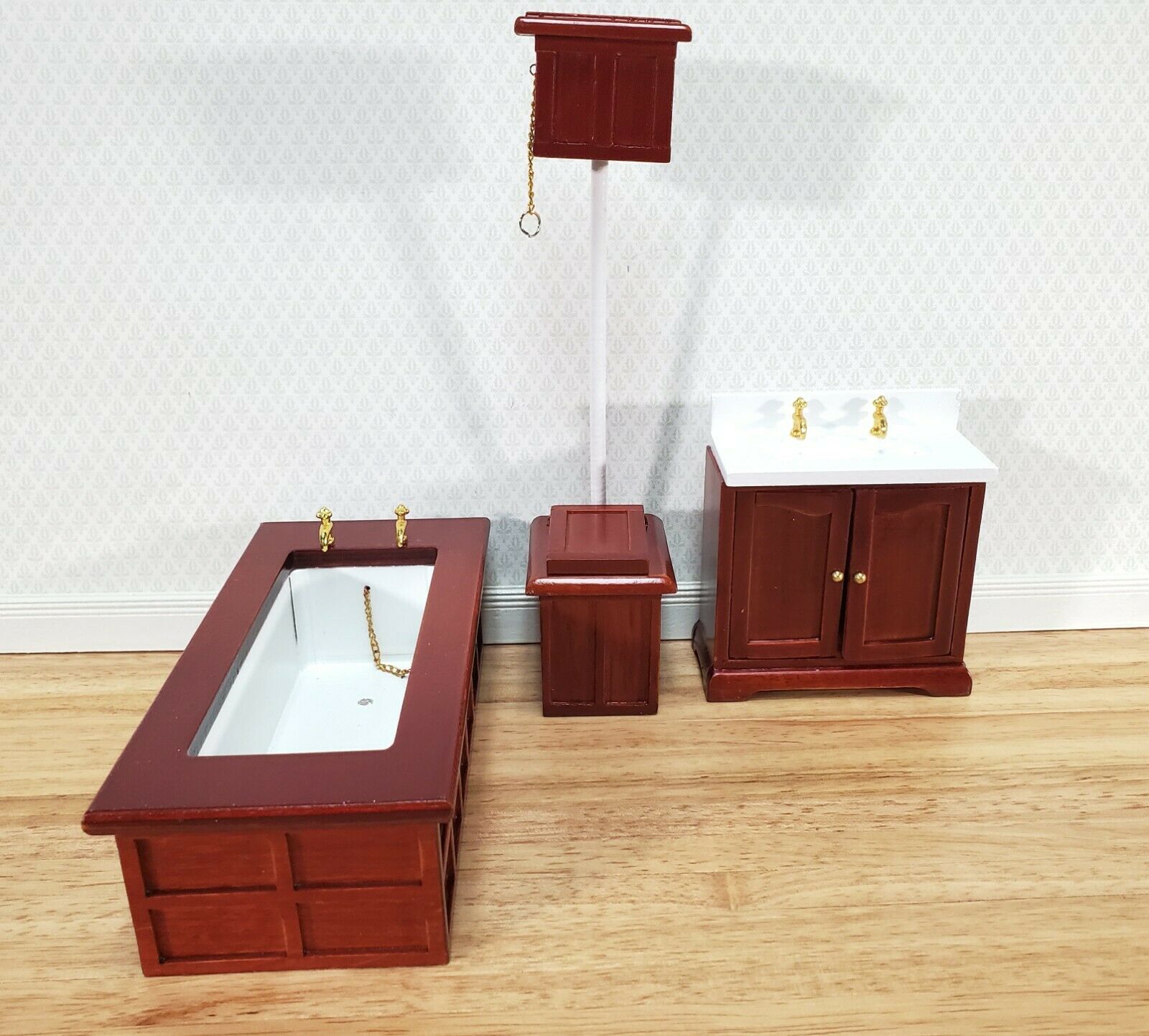 Dollhouse Bathroom Set Victorian Tub Toilet Sink Mahogany Finish 1:12 Scale Miniature Furniture