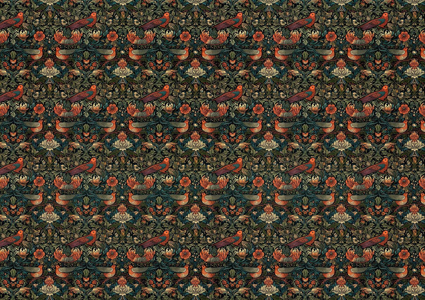 Dollhouse Victorian Wallpaper Dark Green Red Birds 3 Sheets 1:12 Scale Miniature