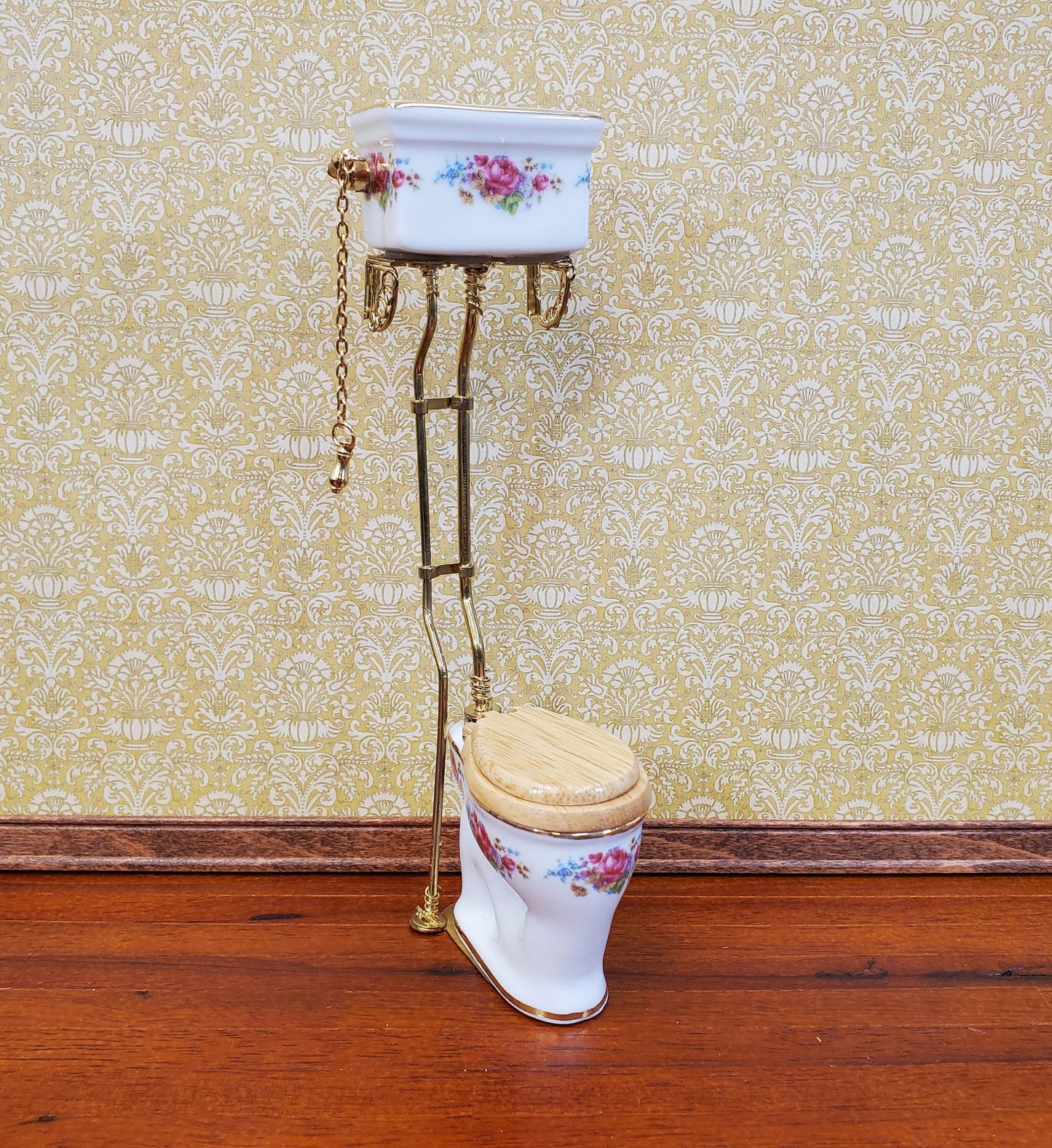 Reutter's Dollhouse Toilet High Tank Vintage Style Porcelain 1:12 Scale Dresden Rose Pattern