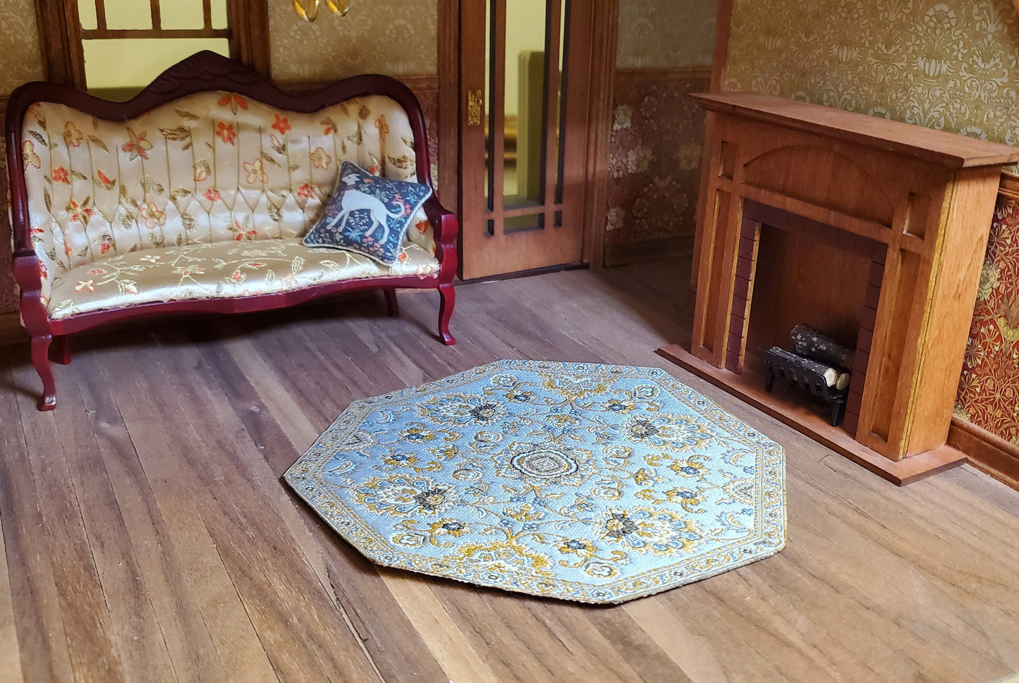 Dollhouse Fabric Rug Octagon Gray & Gold 1:12 Scale Miniature 5 1/2"