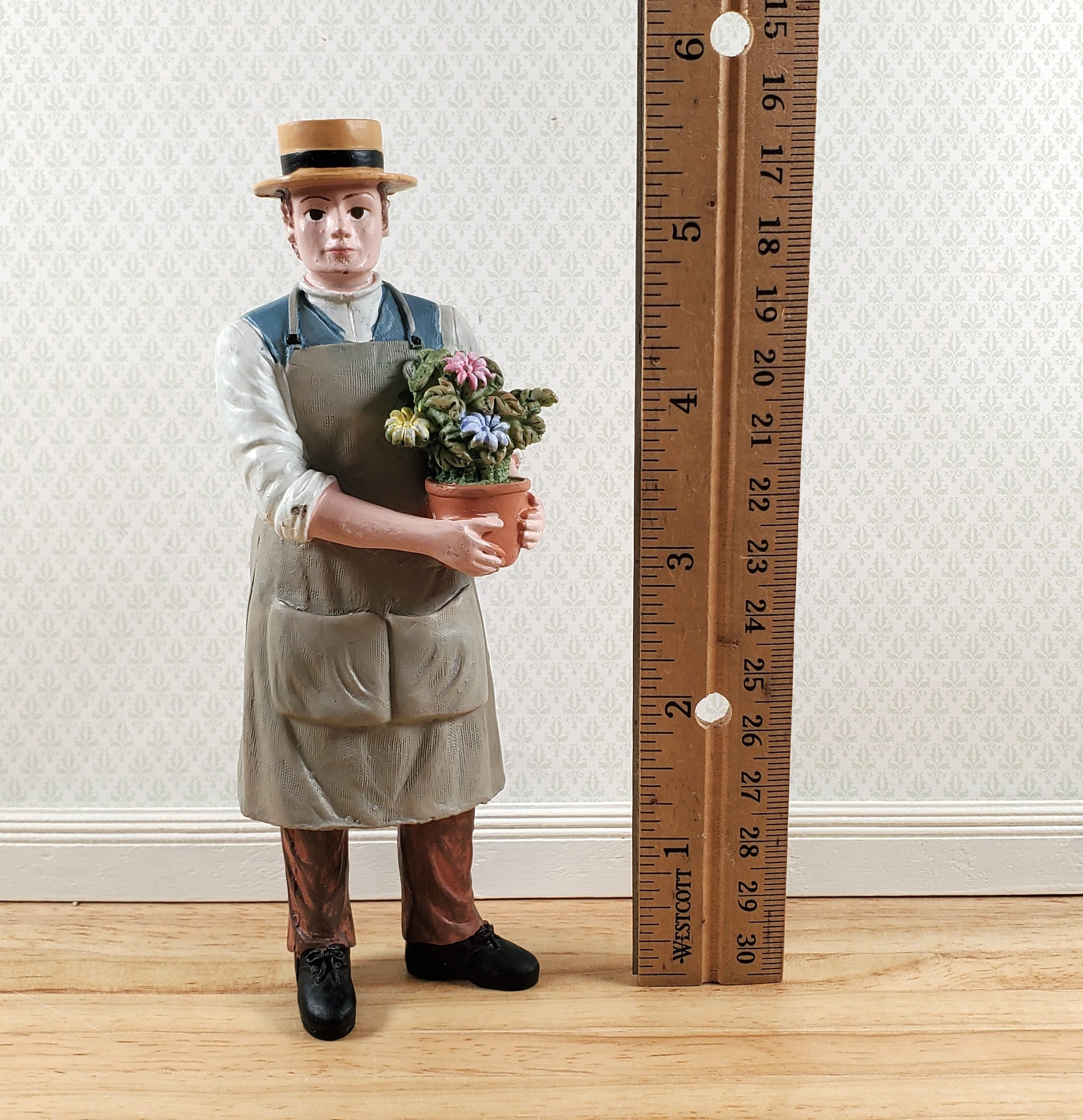 Dollhouse Man Florist Gardener Standing with Flowers 1:12 Scale Miniature Doll