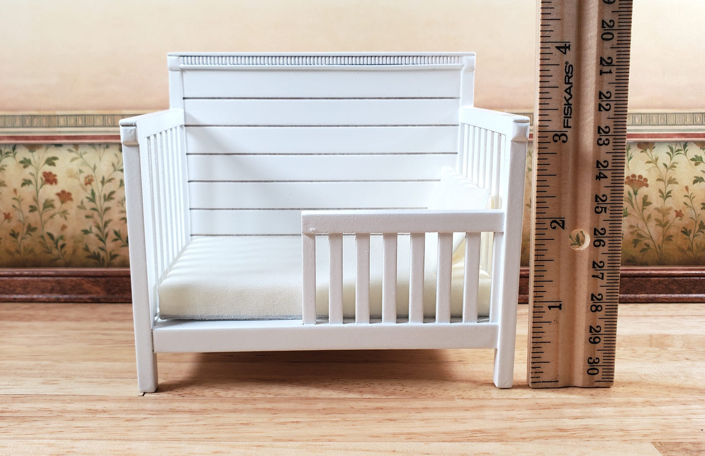 JBM Dollhouse Crib Toddler Bed White Modern 1:12 Scale Miniature Furniture Wood
