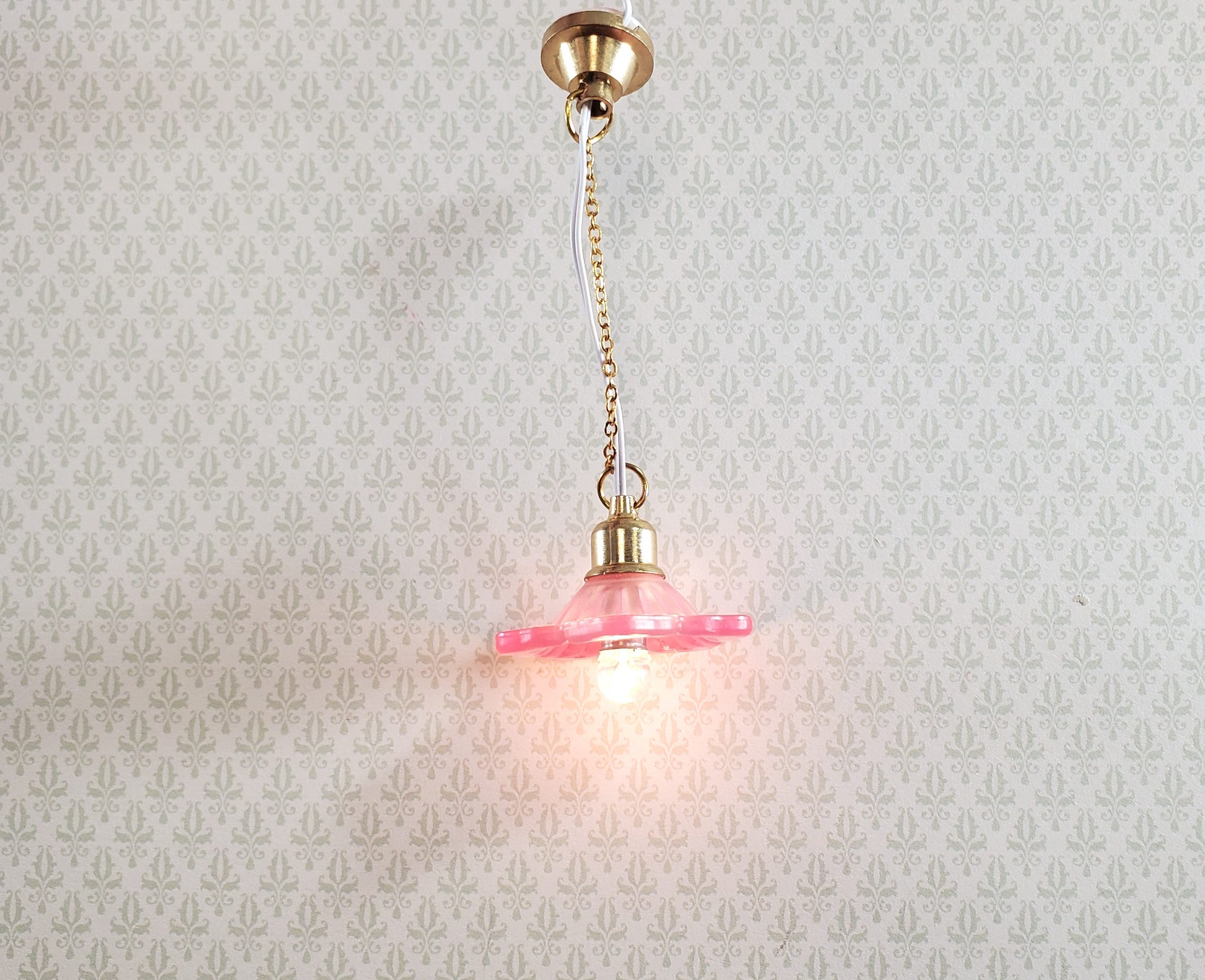 Dollhouse Ceiling Light Frosted Flower Shade PINK 1:12 Scale 12 Volt with Plug