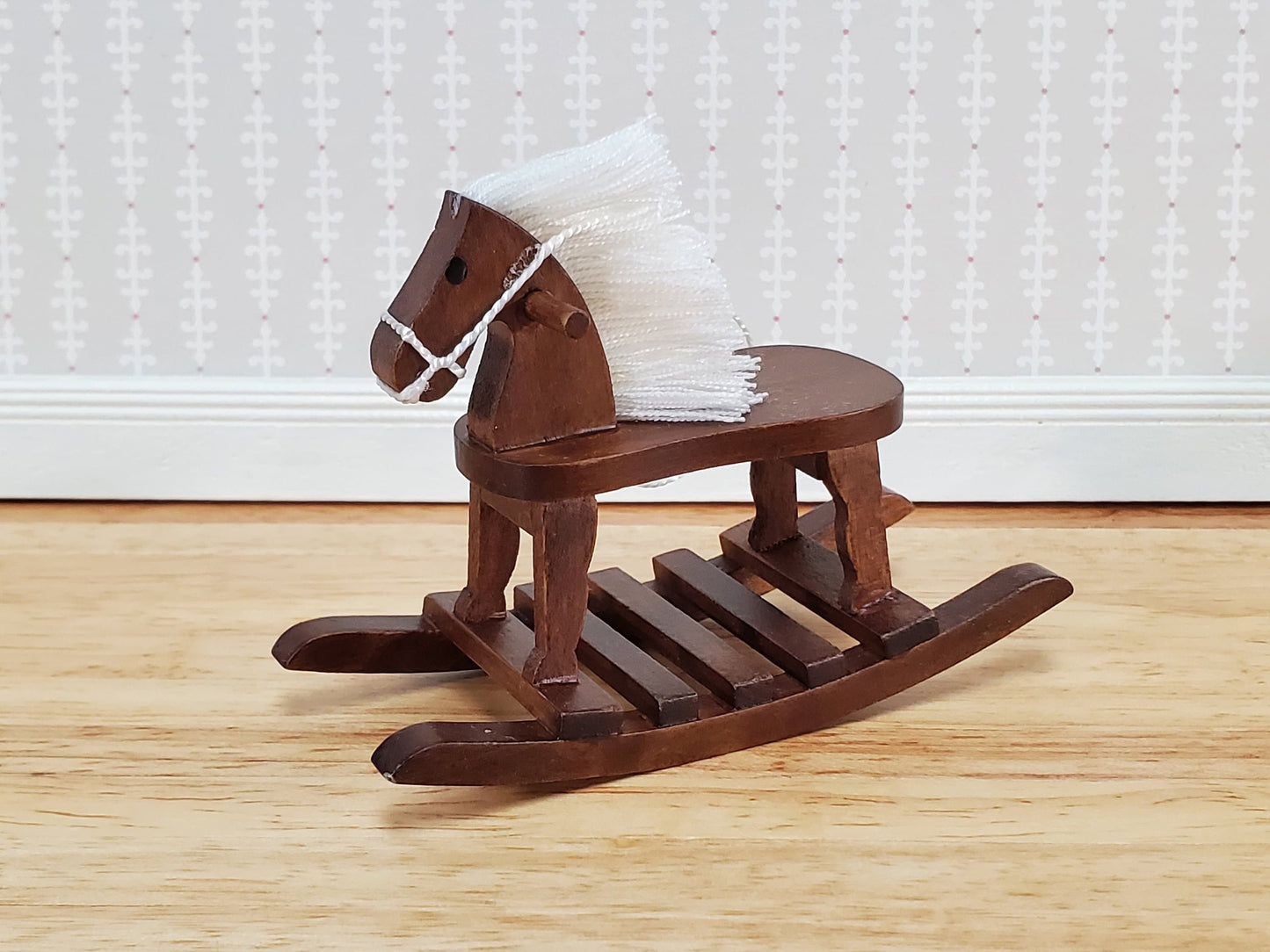 Dollhouse Rocking Horse Toy Walnut Finish 1:12 Scale Miniature Wood for Nursery