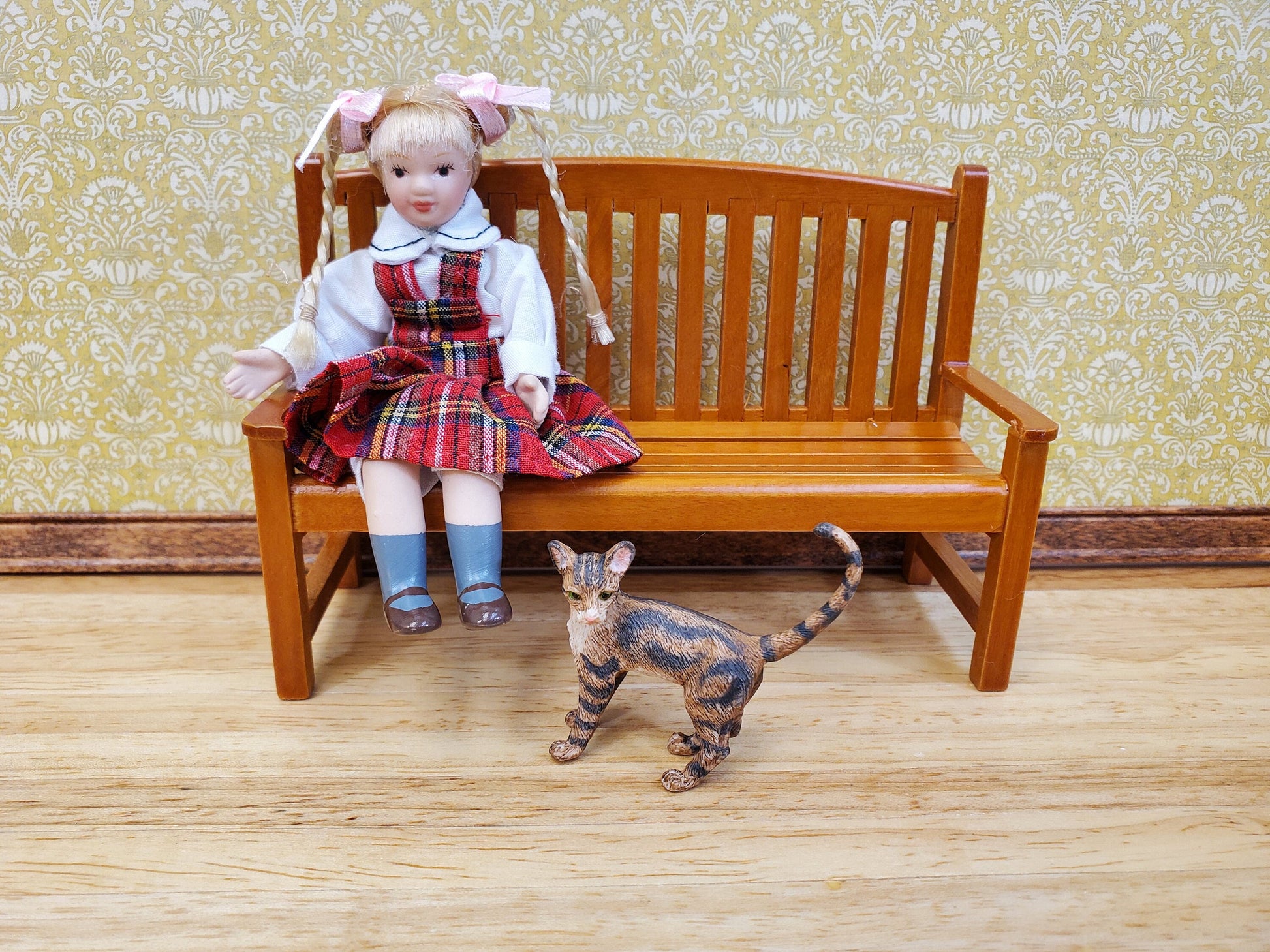 Dollhouse Garden Bench Large Classic Style Wood with Walnut Finish 1:12 Scale Miniature Furniture