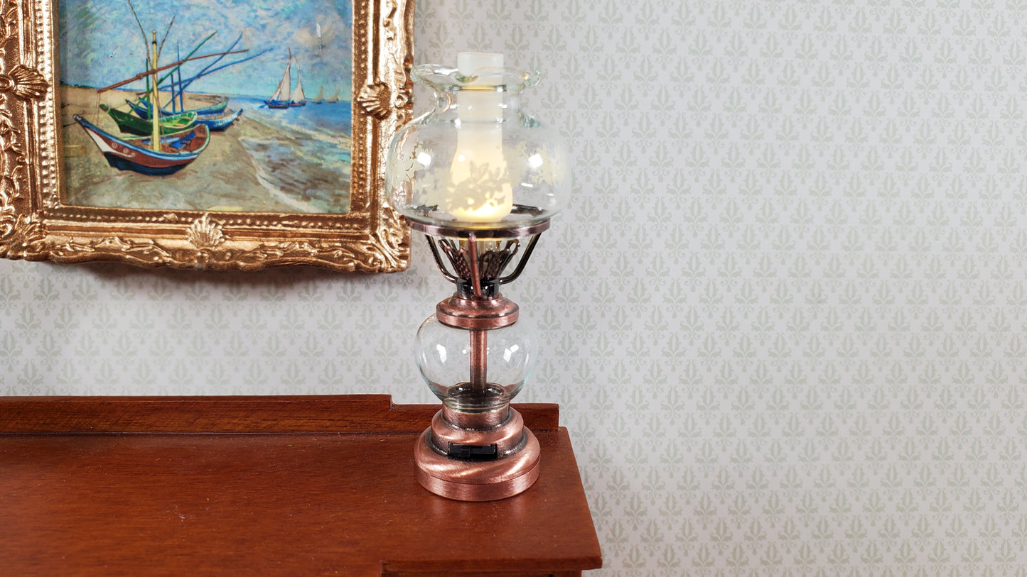 Dollhouse Light Hurricane Oil Lamp Battery Operated Copper 1:12 Scale Miniature