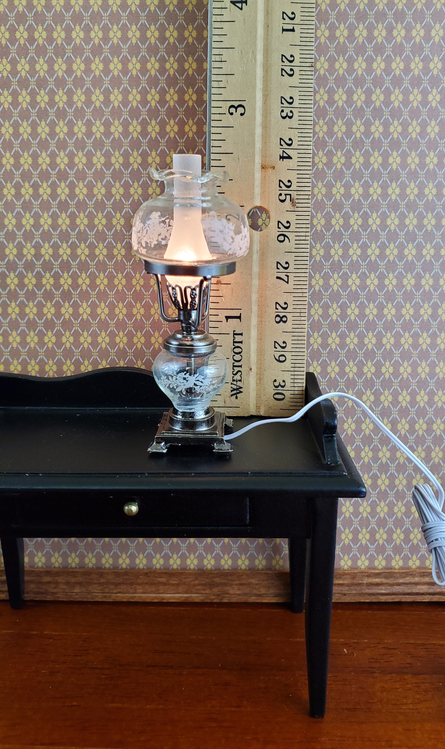 Dollhouse Hurricane Oil Lamp 12 Volt Light w/ Plug 1:12 Scale Vintage Style Pewter Finish