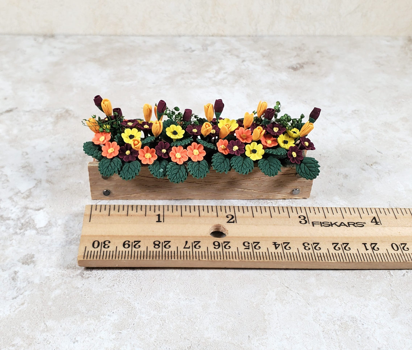 Dollhouse Fall Flowers in 3.25" Wooden Window Box Planter 1:12 Scale Miniature