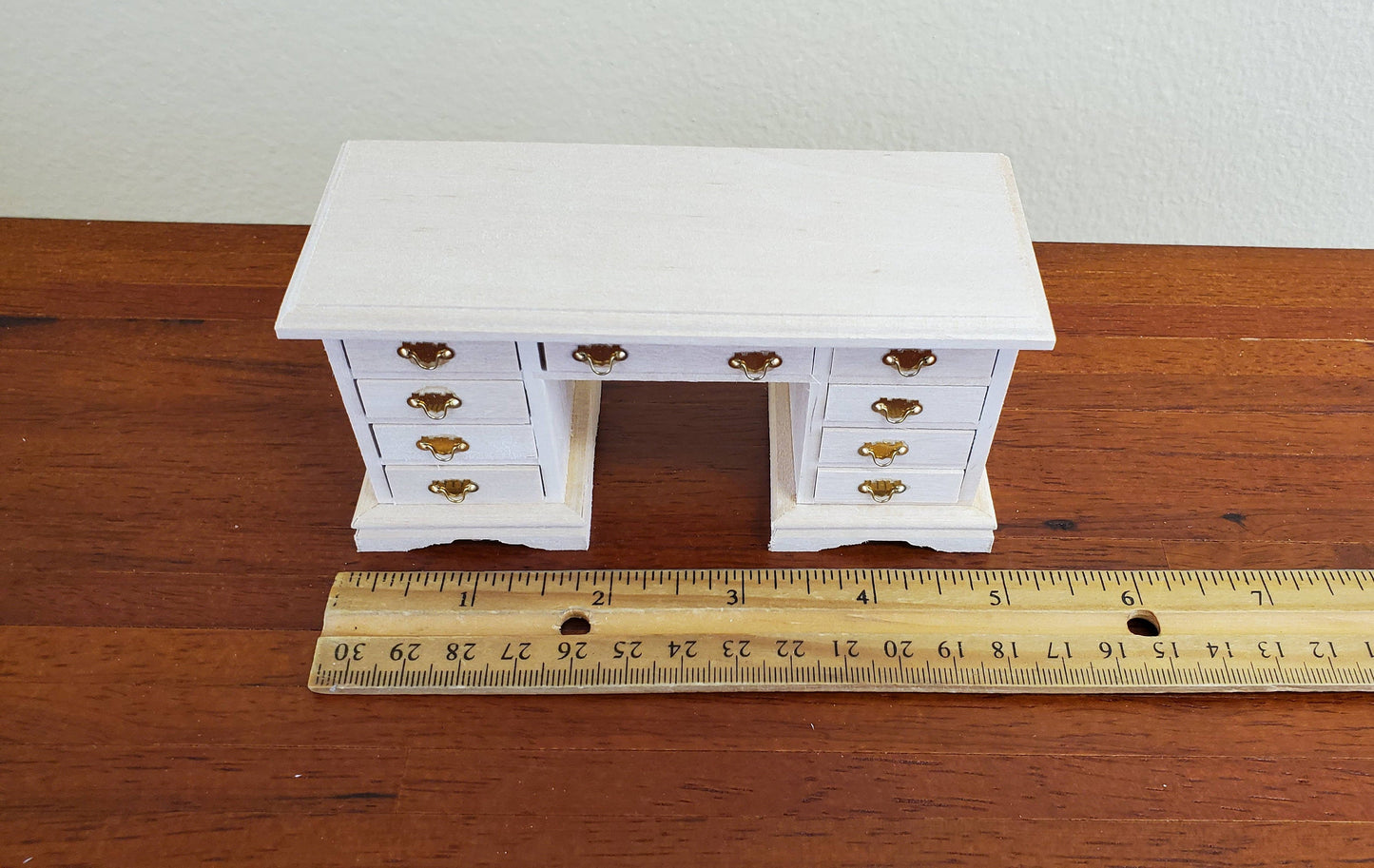Dollhouse Miniature Kneehole Writing Desk with Drawers 1:12 Scale Furniture Barewood