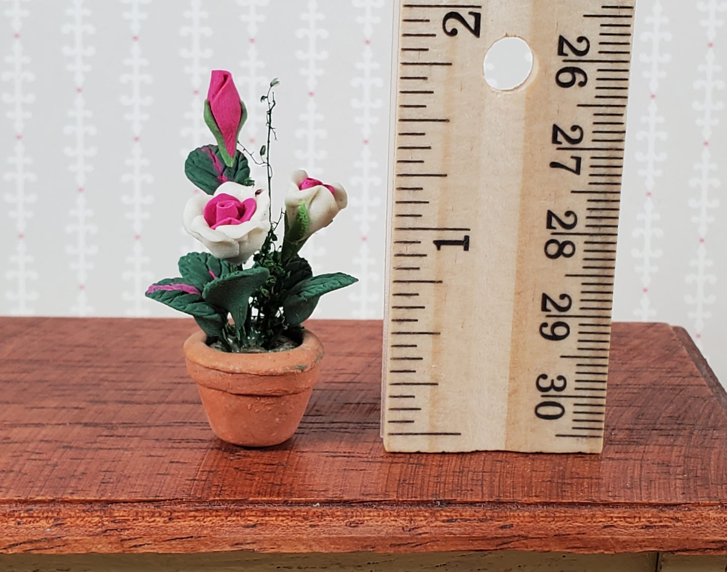Dollhouse Roses White and Pink Flowers Potted in Terra Cotta Planter 1:12 Scale