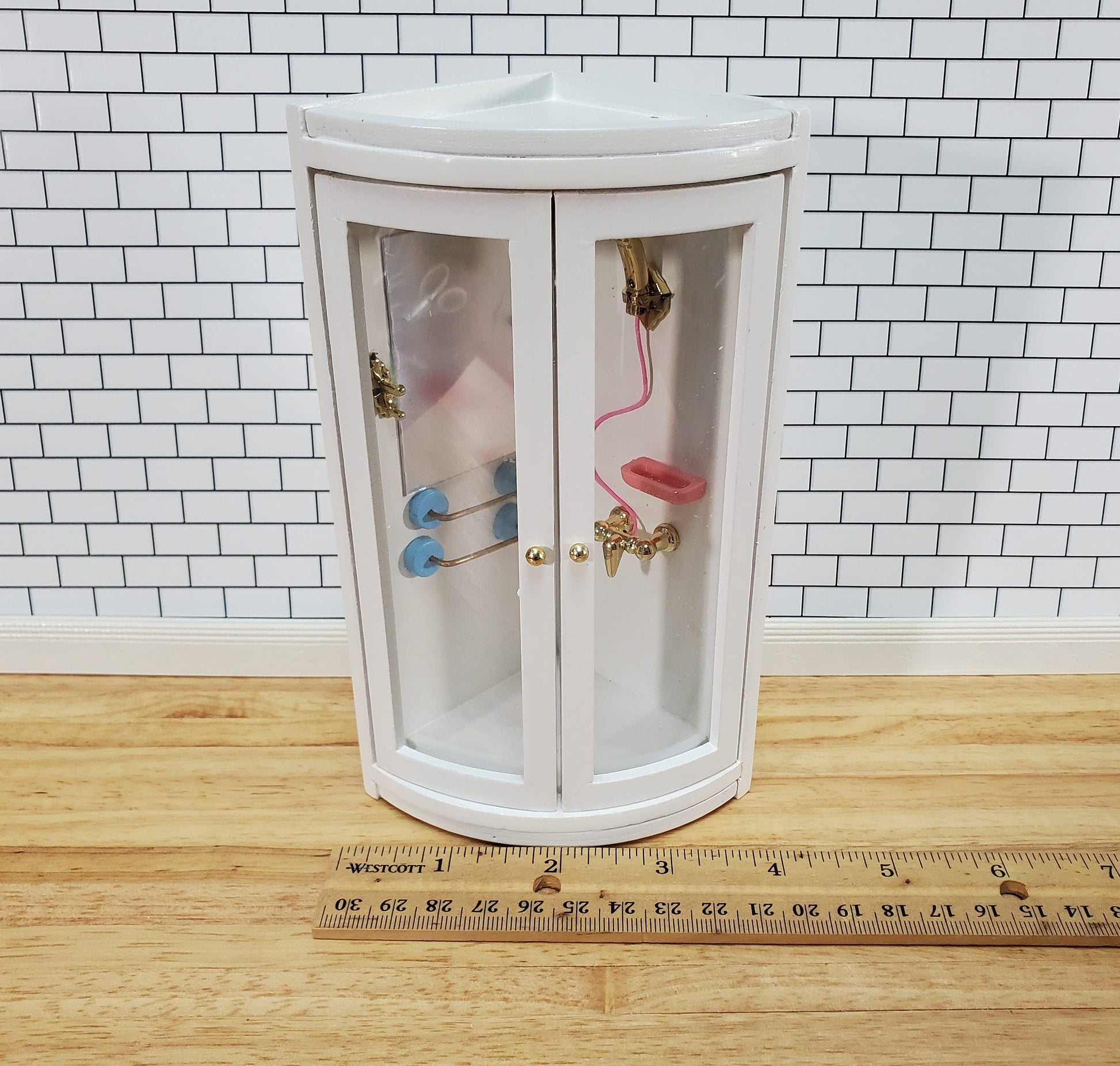 Dollhouse Corner Shower Modern Wood 1:12 Scale Miniature Bathroom White