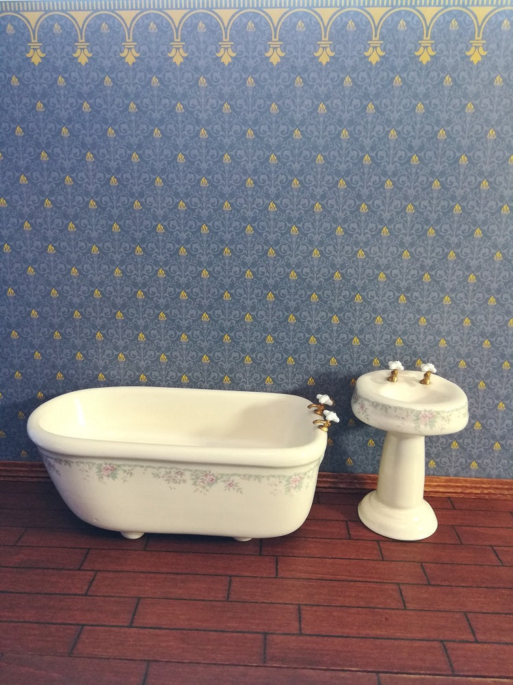 Dollhouse Miniature Wallpaper Brodnax Victorian Blue & Gold "Flambeau" 1:12 Scale