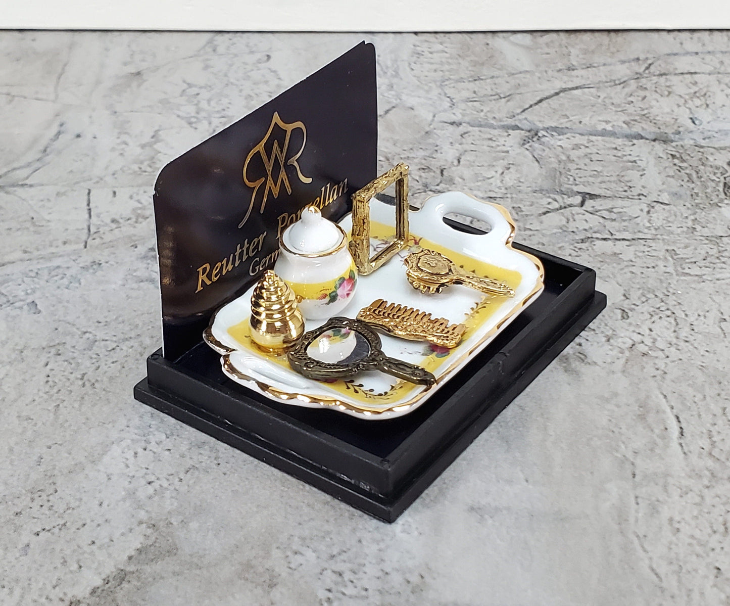 Dollhouse Vanity Set Mirror Comb Perfume Brush Reutter Porcelain 1:12 Scale Miniature