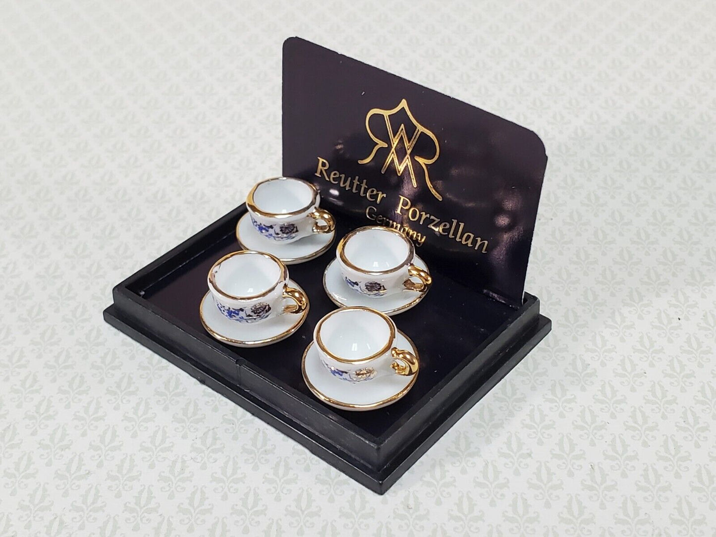 Dollhouse Tea or Coffee Cups Mugs Set of 4 w/ Saucers Reutter Porcelain 1:12