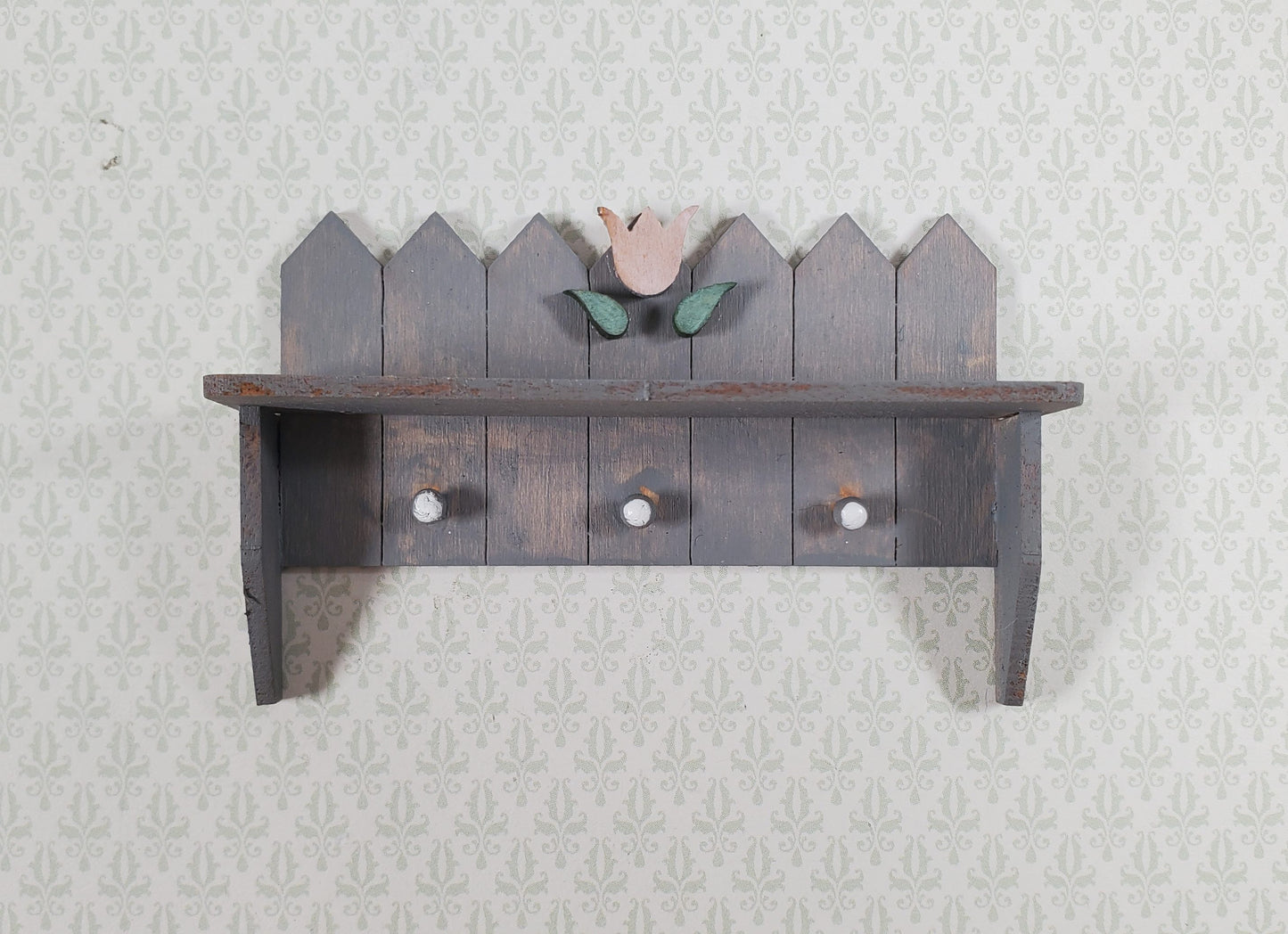 Dollhouse Picket Fence Shelf with Flower Blue Handmade 1:12 Scale Miniature
