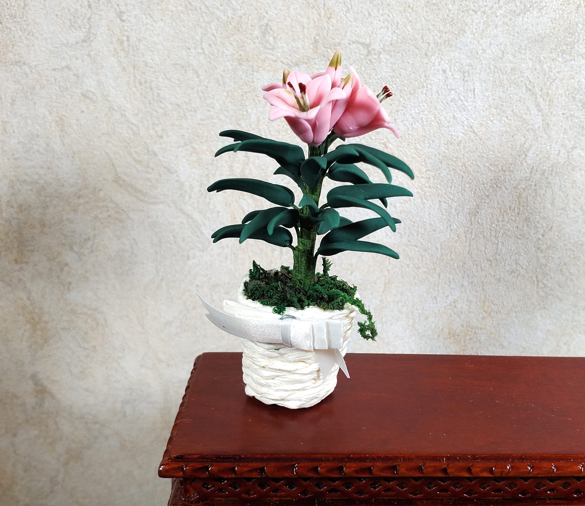 Dollhouse Pink Easter Lilies in White Basket with Bow 1:12 Scale Miniature