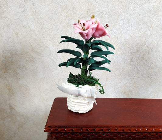 Dollhouse Pink Easter Lilies in White Basket with Bow 1:12 Scale Miniature