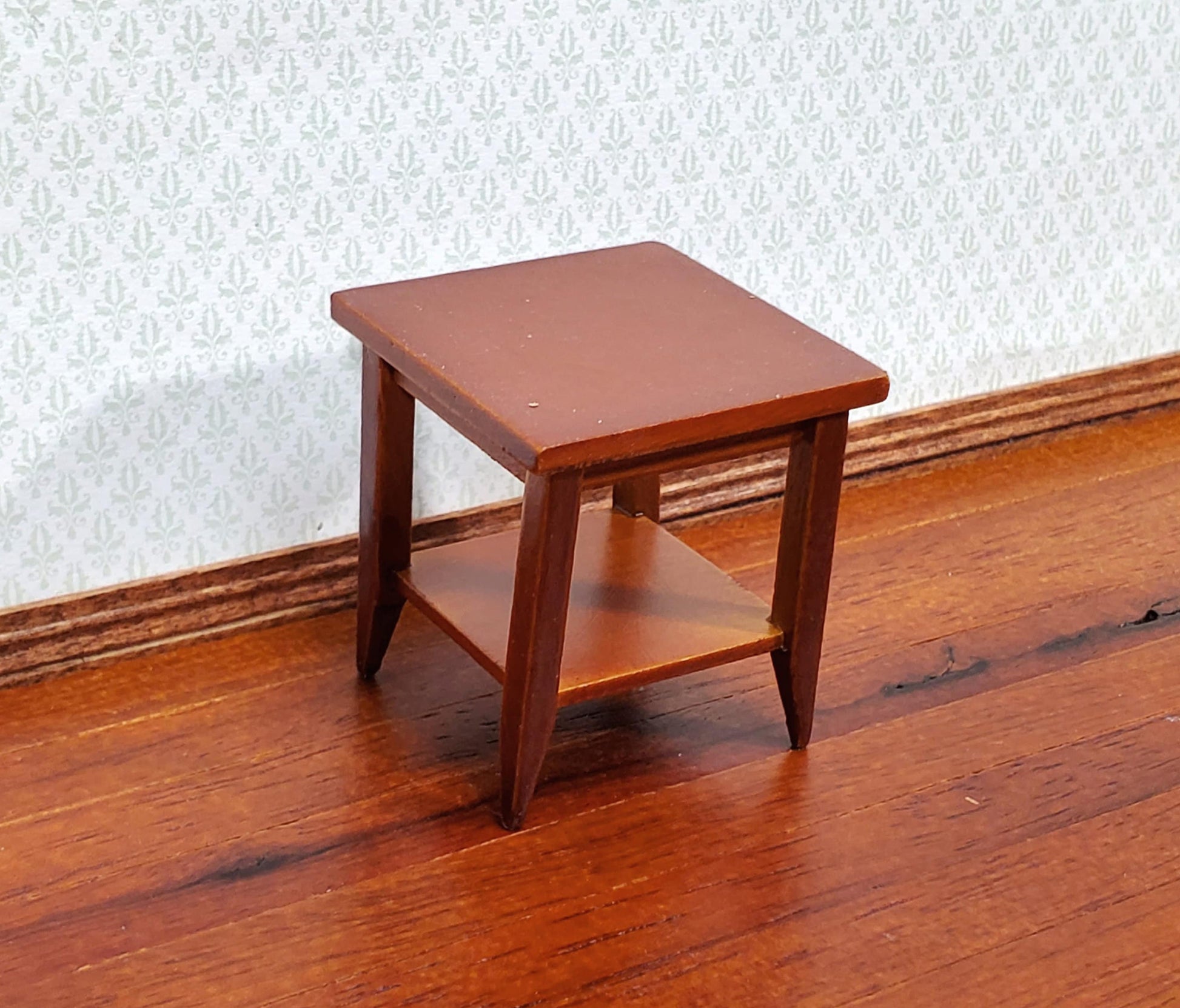 Dollhouse Side Table with Shelf Modern Style Walnut Finish 1:12 Scale Miniature Furniture