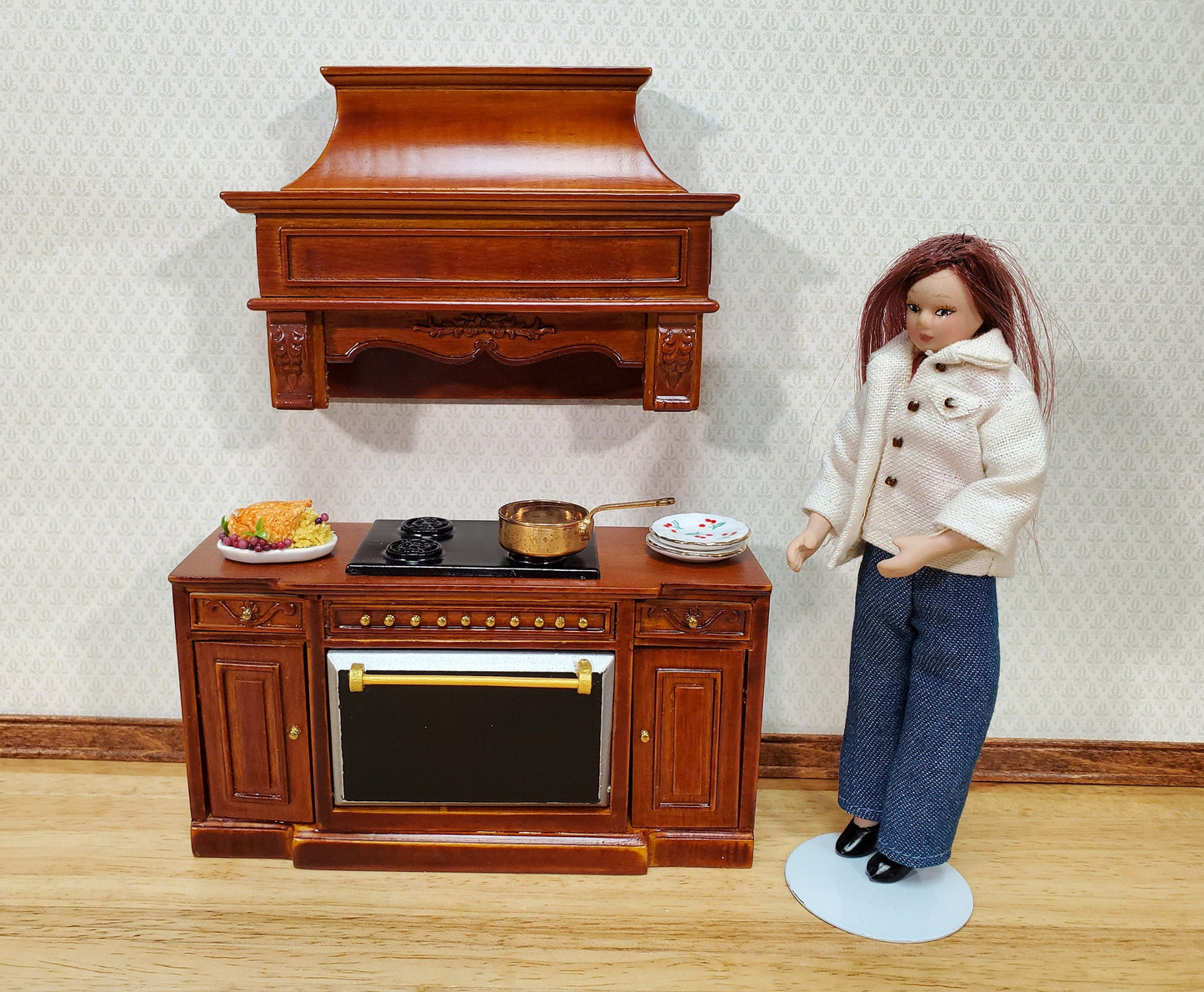 Dollhouse Stove Oven Cabinet Walnut Finish 1:12 Scale Miniature Kitchen Cupboard