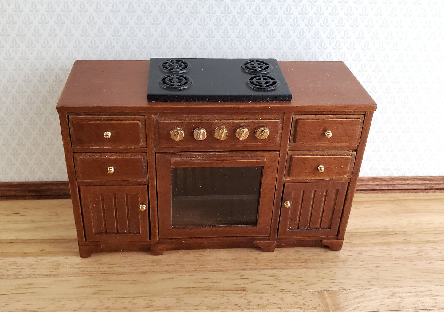 JBM Dollhouse Miniature Kitchen Stove Oven Cabinet Walnut 1:12 Scale Cupboard