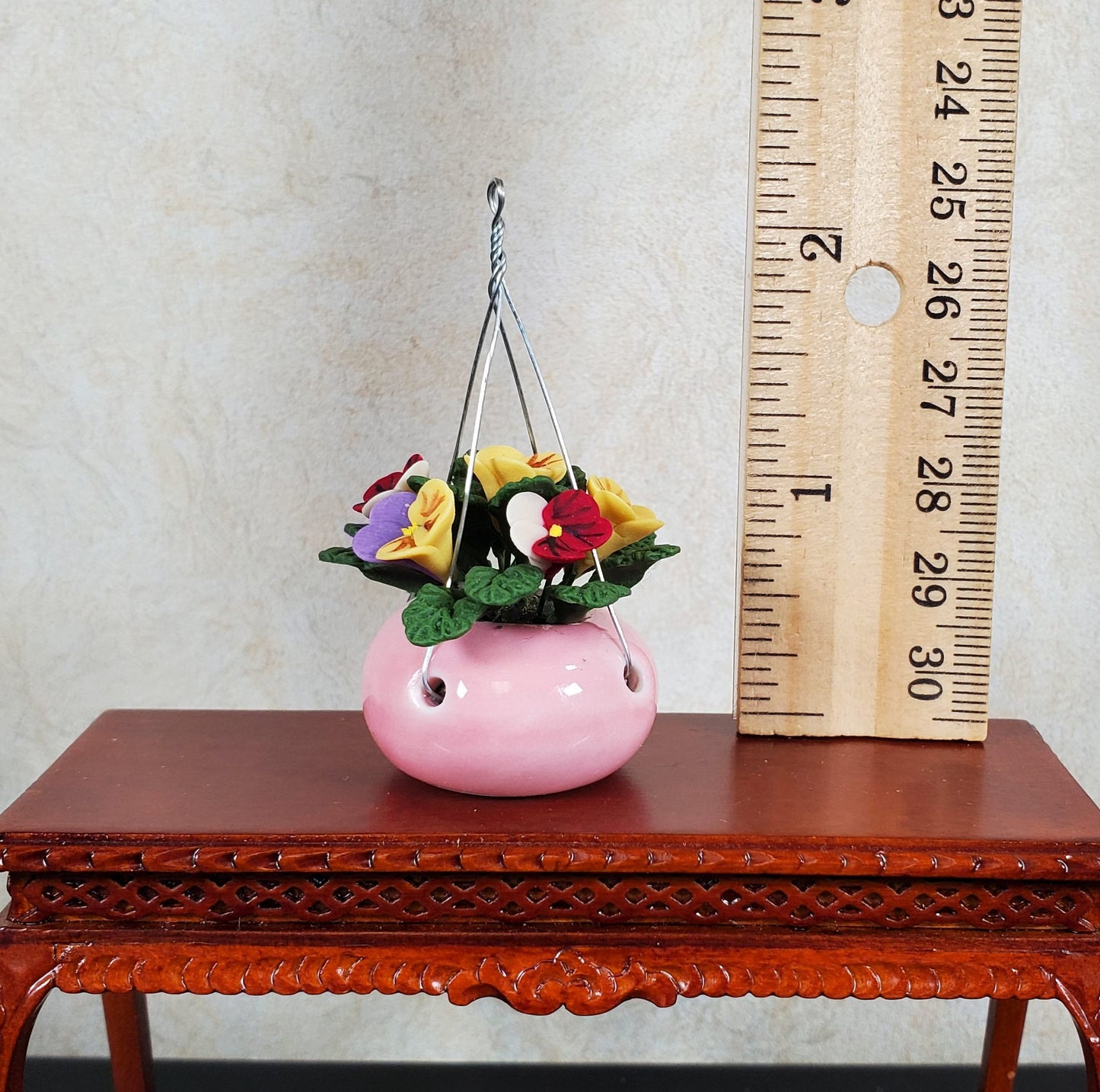 Dollhouse Pansies in a Hanging Pink Planter 1:12 Scale Miniature Garden