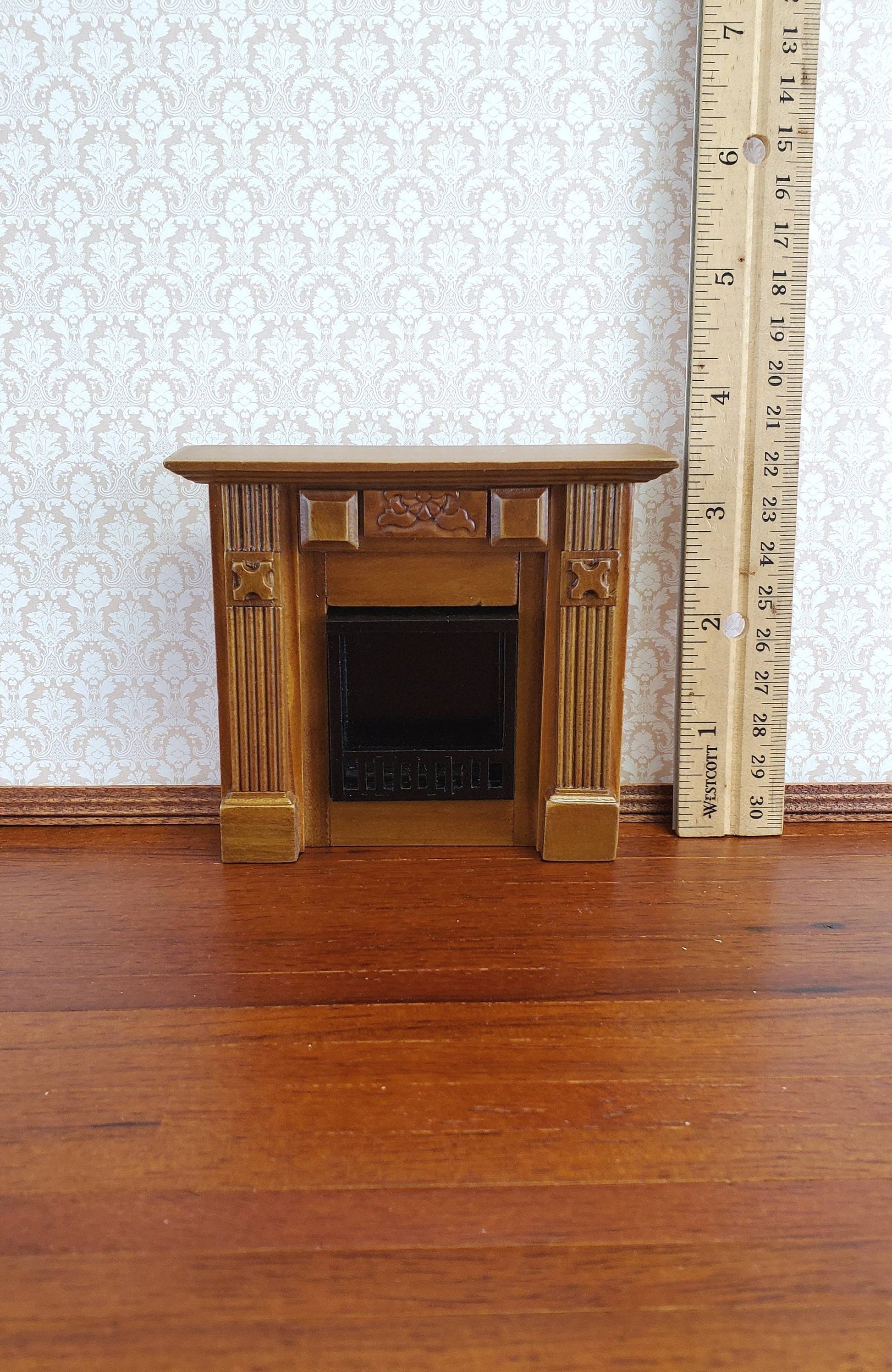 Dollhouse Miniature Fireplace Wood Walnut Finish Small 1:12 Scale Furniture