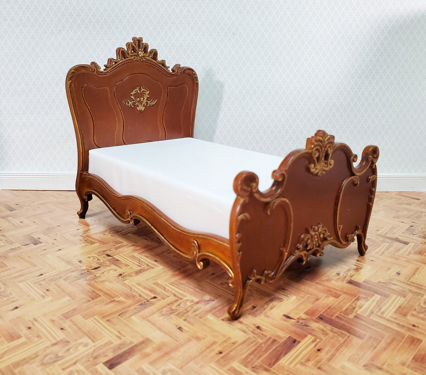 JBM Dollhouse Bed Late Victorian Era Style 1:12 Miniature Furniture Walnut Finish