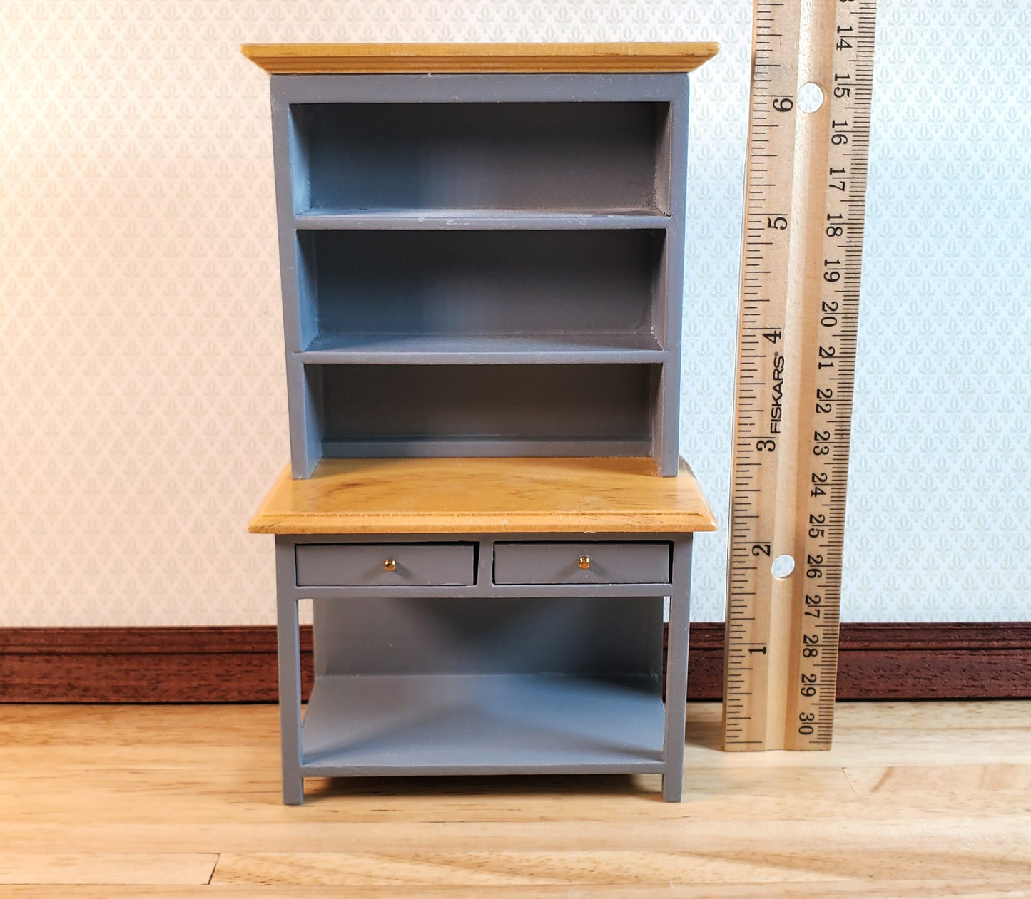 Dollhouse Kitchen Hutch Cupboard Wood 1:12 Scale Miniature Gray Finish