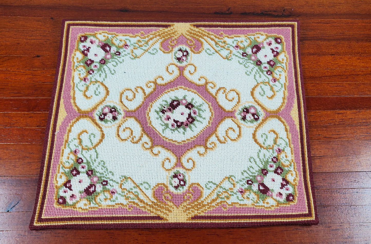 Miniature Fine Needlepoint Rug Pinks Aubusson Style 1:12 Scale Carpet Floral