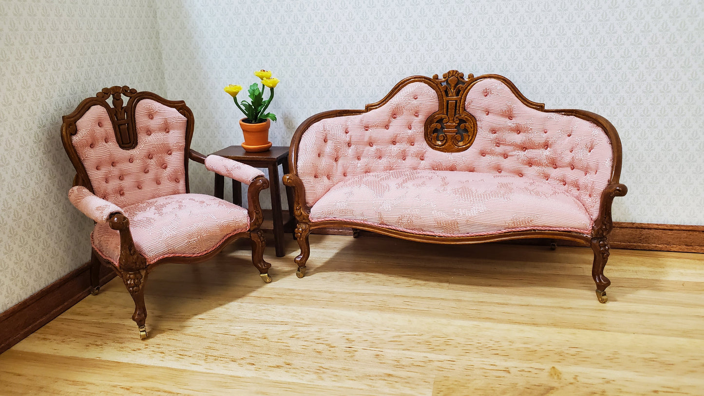 JBM Dollhouse Pink Arm Chair Victorian Style Walnut Finish 1:12 Scale