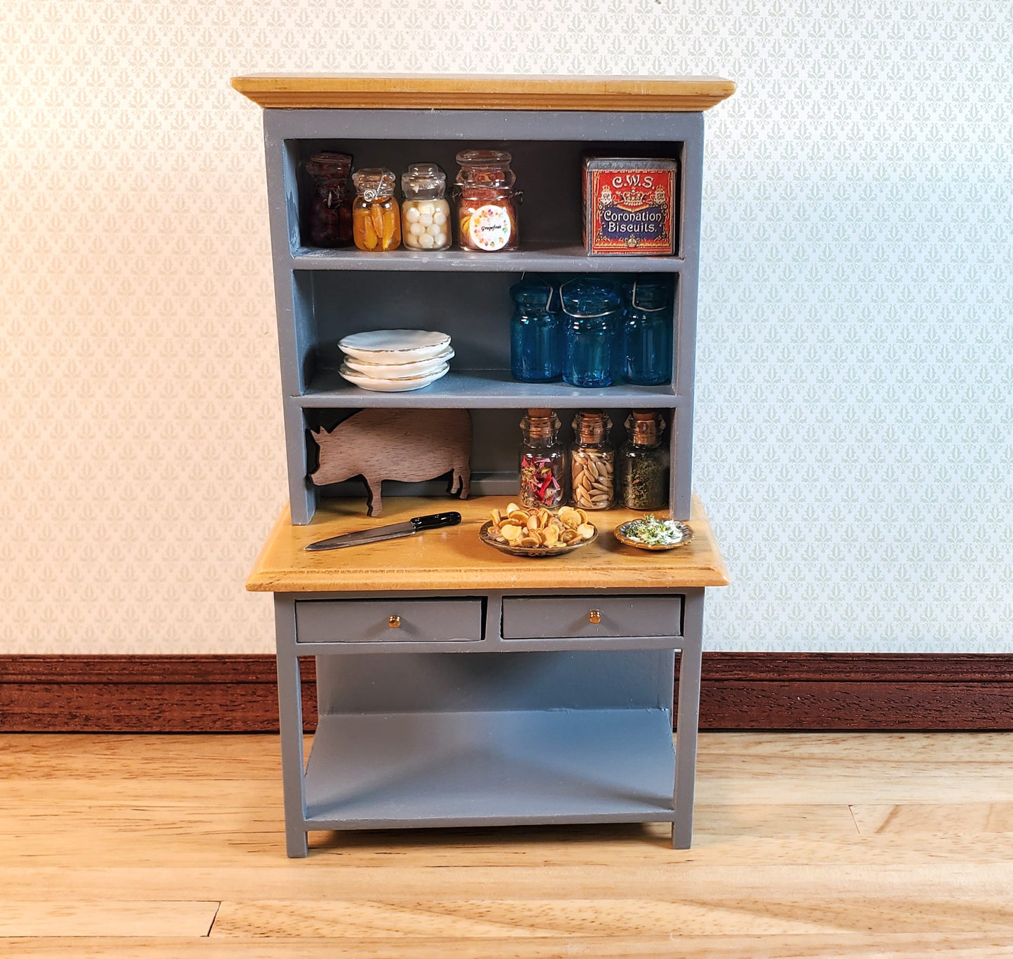 Dollhouse Kitchen Hutch Cupboard Wood 1:12 Scale Miniature Gray Finish