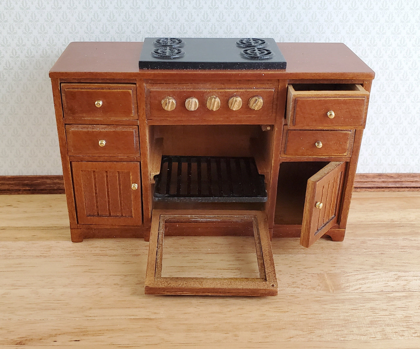 JBM Dollhouse Miniature Kitchen Stove Oven Cabinet Walnut 1:12 Scale Cupboard