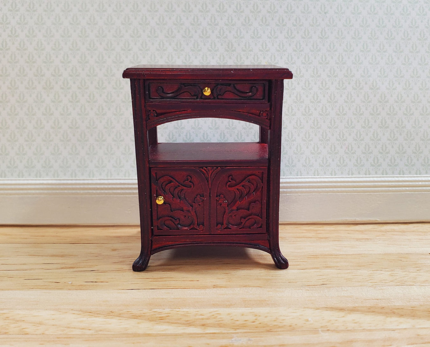 JBM Dollhouse Art Nouveau Side Table Nightstand 1:12 Scale Mahogany Finish