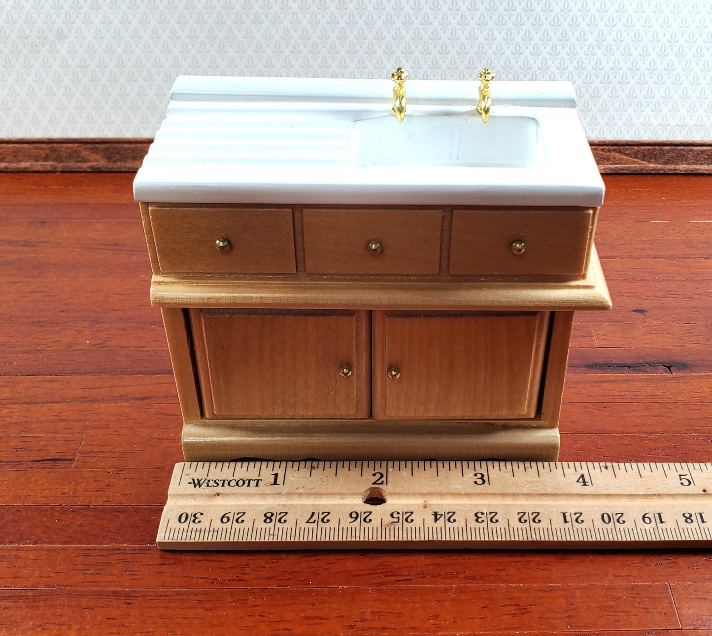 Dollhouse Kitchen Set Sink Fridge Table 1:12 Scale Furniture Light Oak Finish