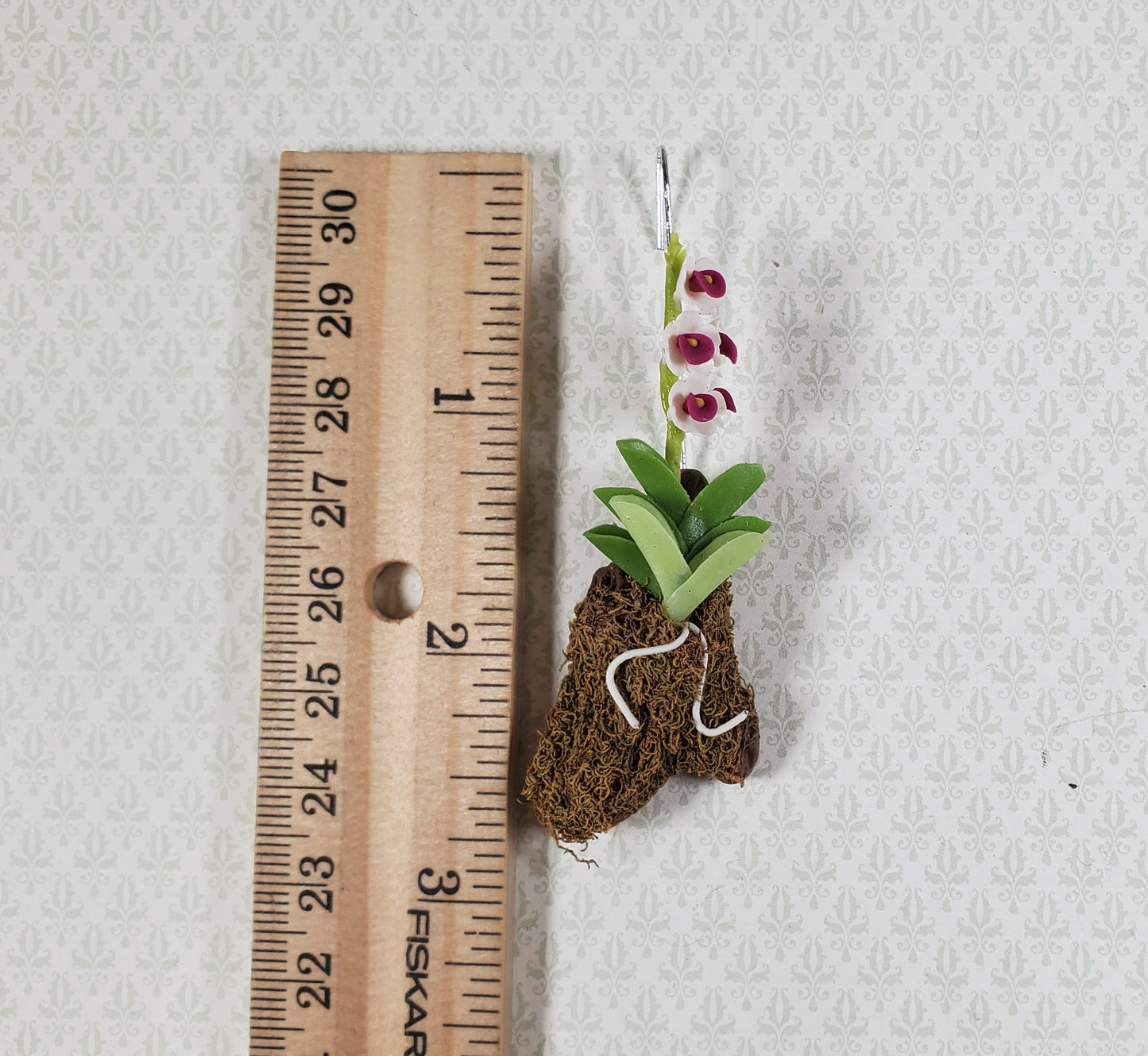 Dollhouse Hanging Orchid White Purple Bark & Moss Flowering Plant 1:12 Scale