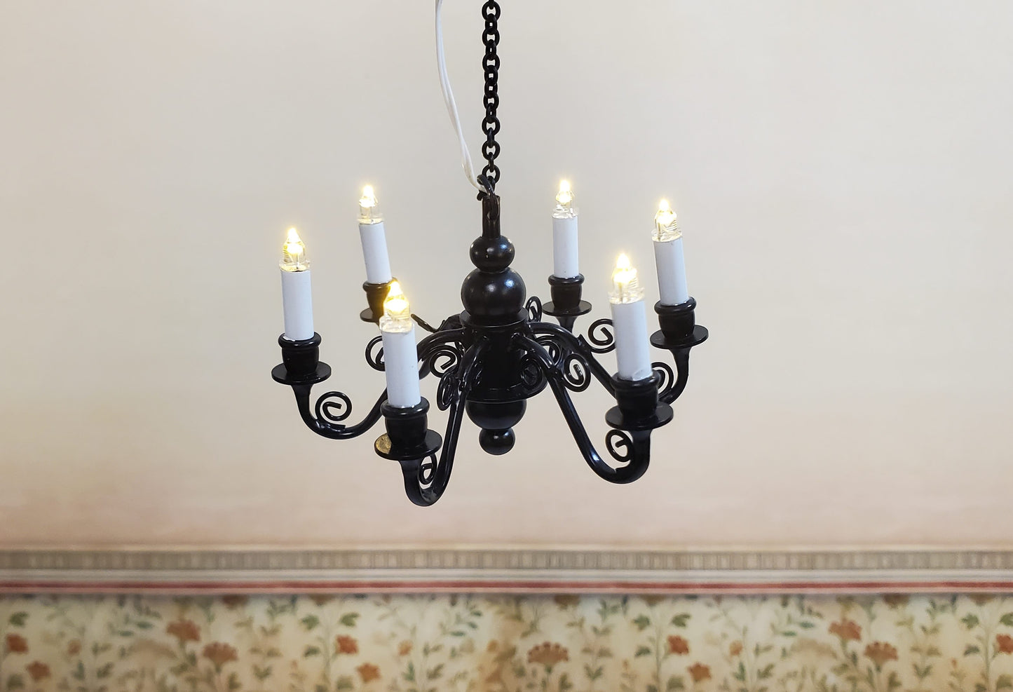 Dollhouse Battery Chandelier Light 6 Arm Black Scroll 1:12 Scale Miniature Lamp