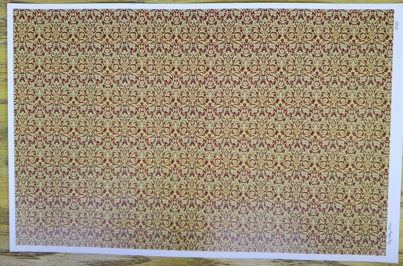 Dollhouse Wallpaper Gold on Red Festive Damask 1:12 Scale Itsy Bitsy