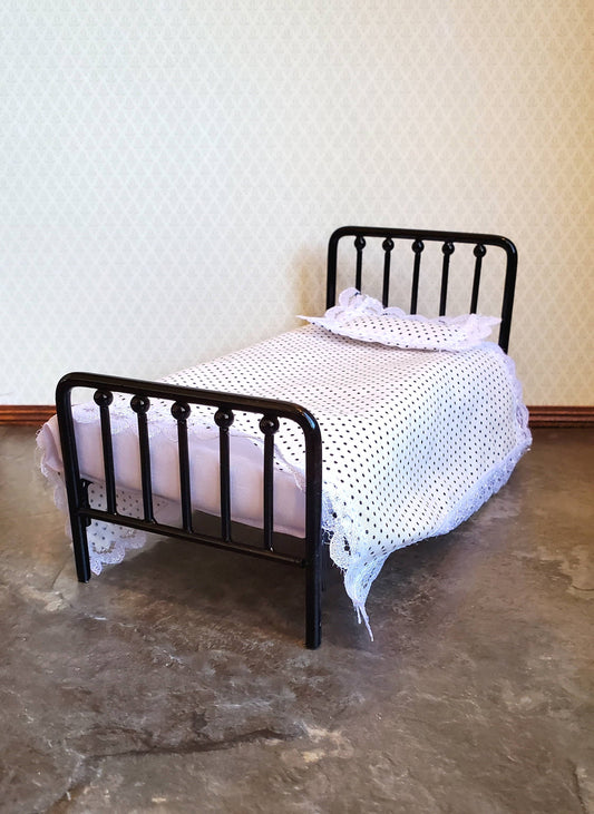 Dollhouse Miniature Bed Black Metal with Mattress Pillow Blanket 1:12 Scale Furniture