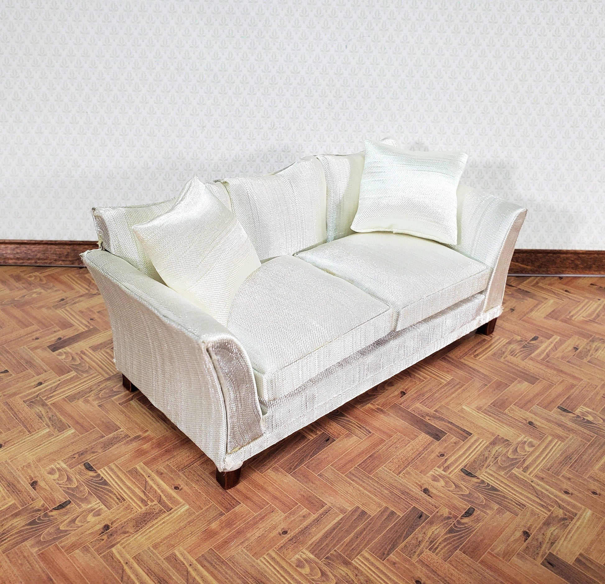 Dollhouse Sofa Couch Cream Faux Silk with Cushions 1:12 Scale Miniature Furniture