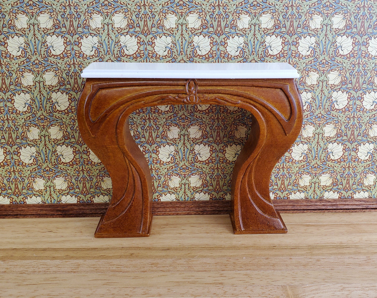 JBM Dollhouse Fireplace Art Nouveau Style 1:12 Scale Miniature Walnut Finish