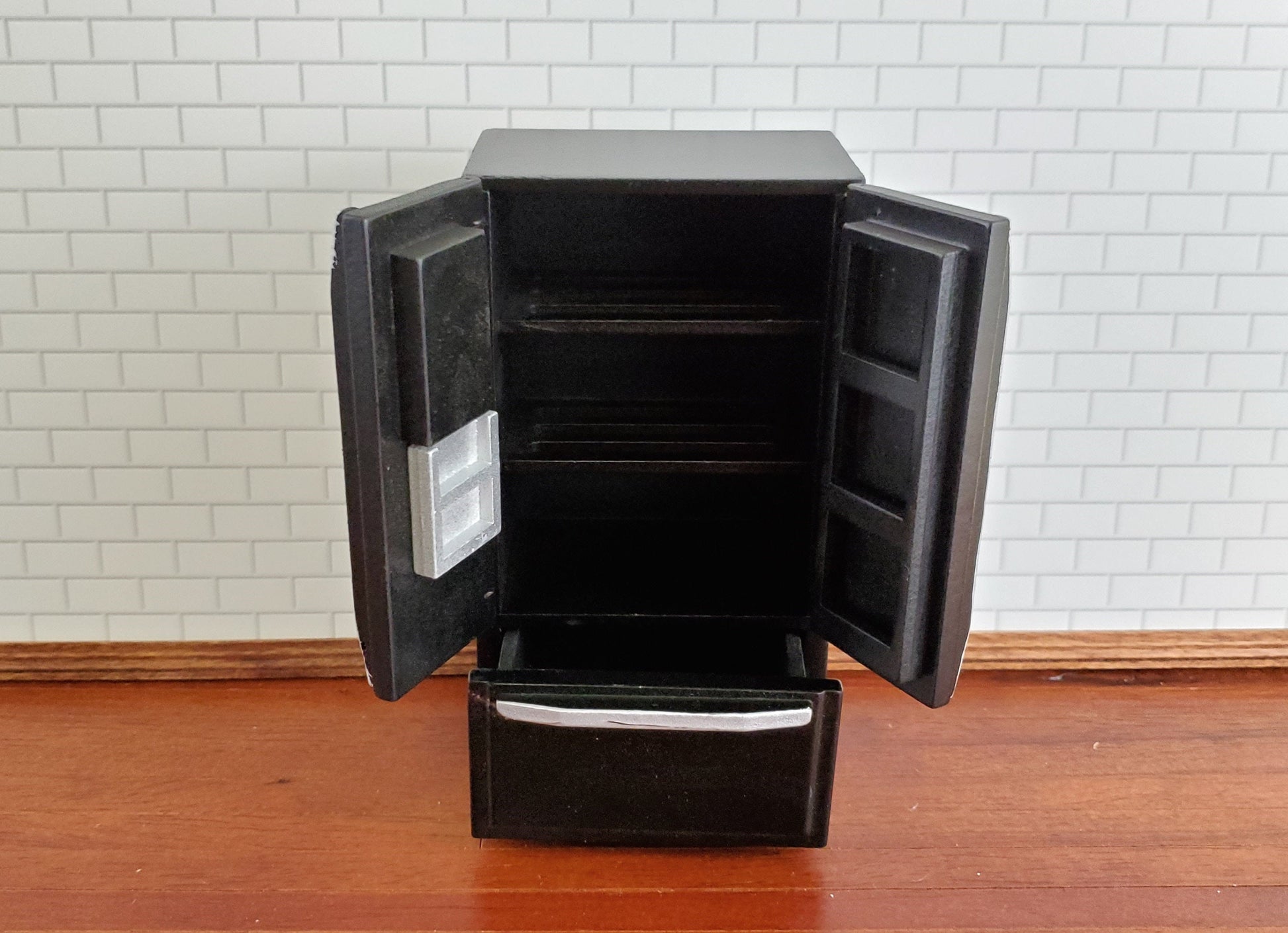 Dollhouse Miniature Fridge Modern Refrigerator Black 1:12 Scale Wood Furniture